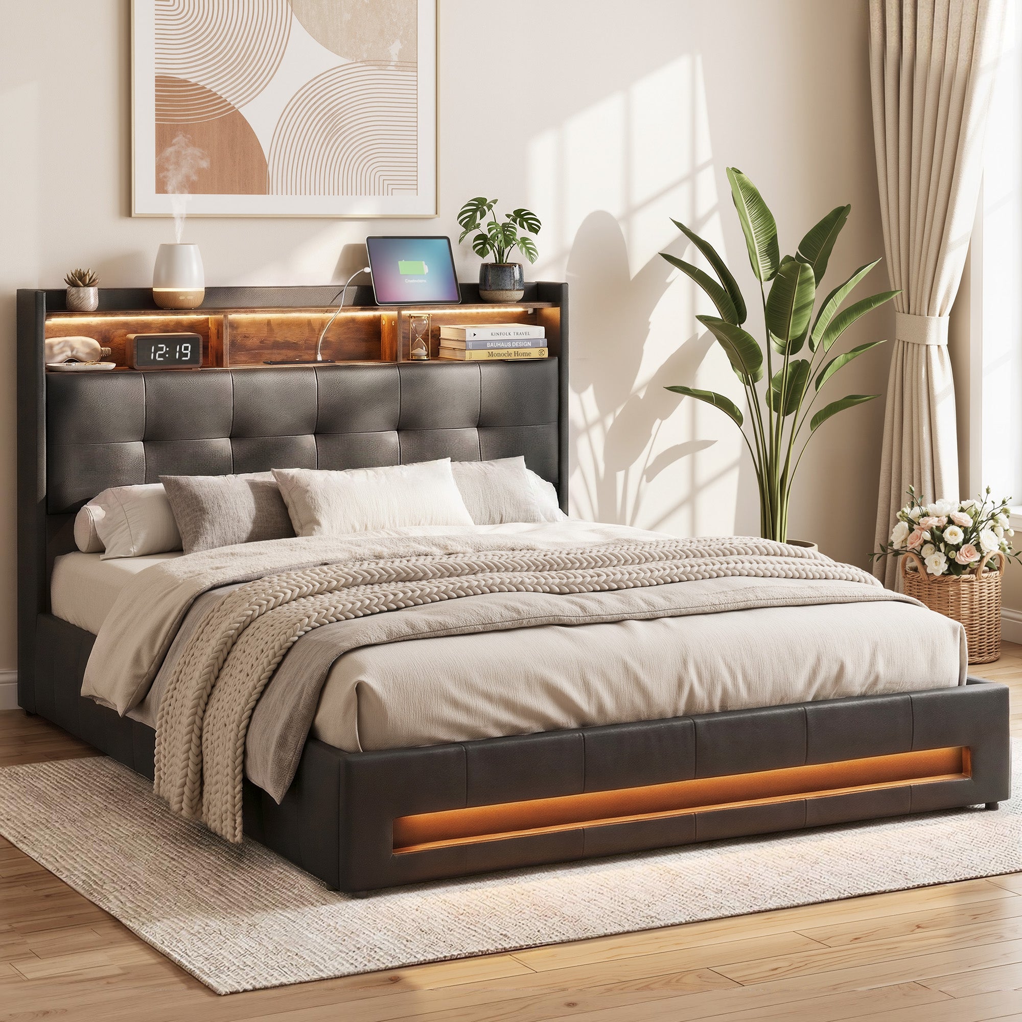 Artiss Double Bed Frame with Gas Lift Storage LED Lights Charging Station Headboard with Open Shelf