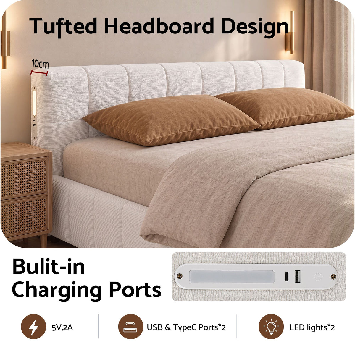 Artiss Queen Bed Frame with Charging, LED Lights & Tufted Headboard