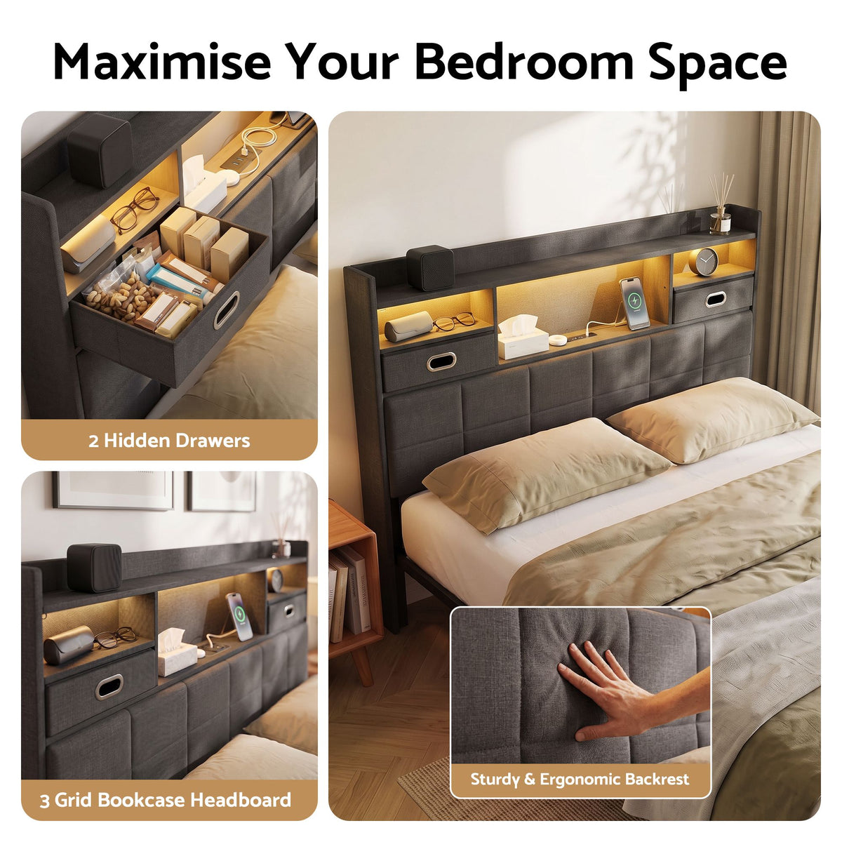 Kinsley Queen Bed Frame with Storage Drawers and Headboard