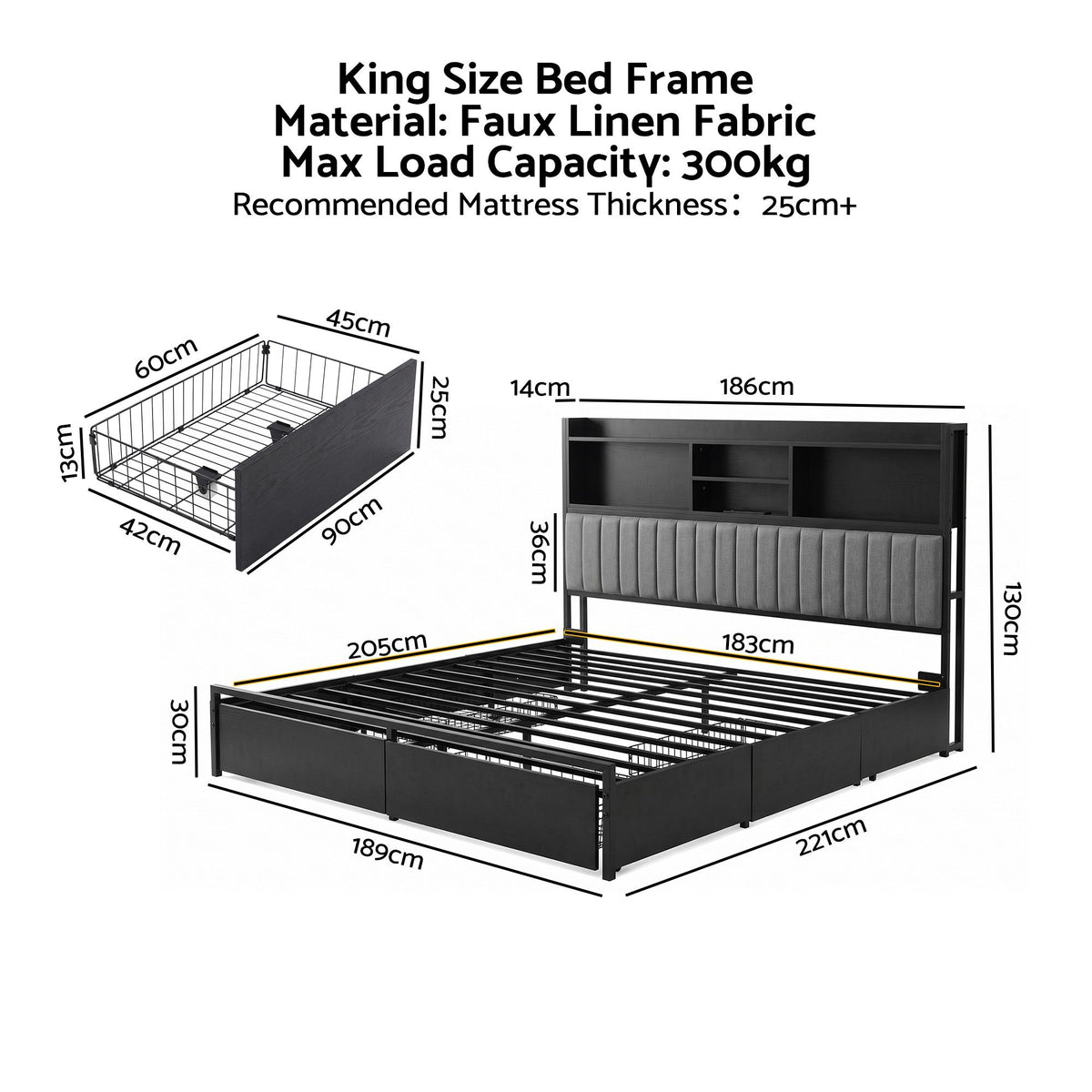 Artiss King Storage Bed Frame with Drawers and Charging Station