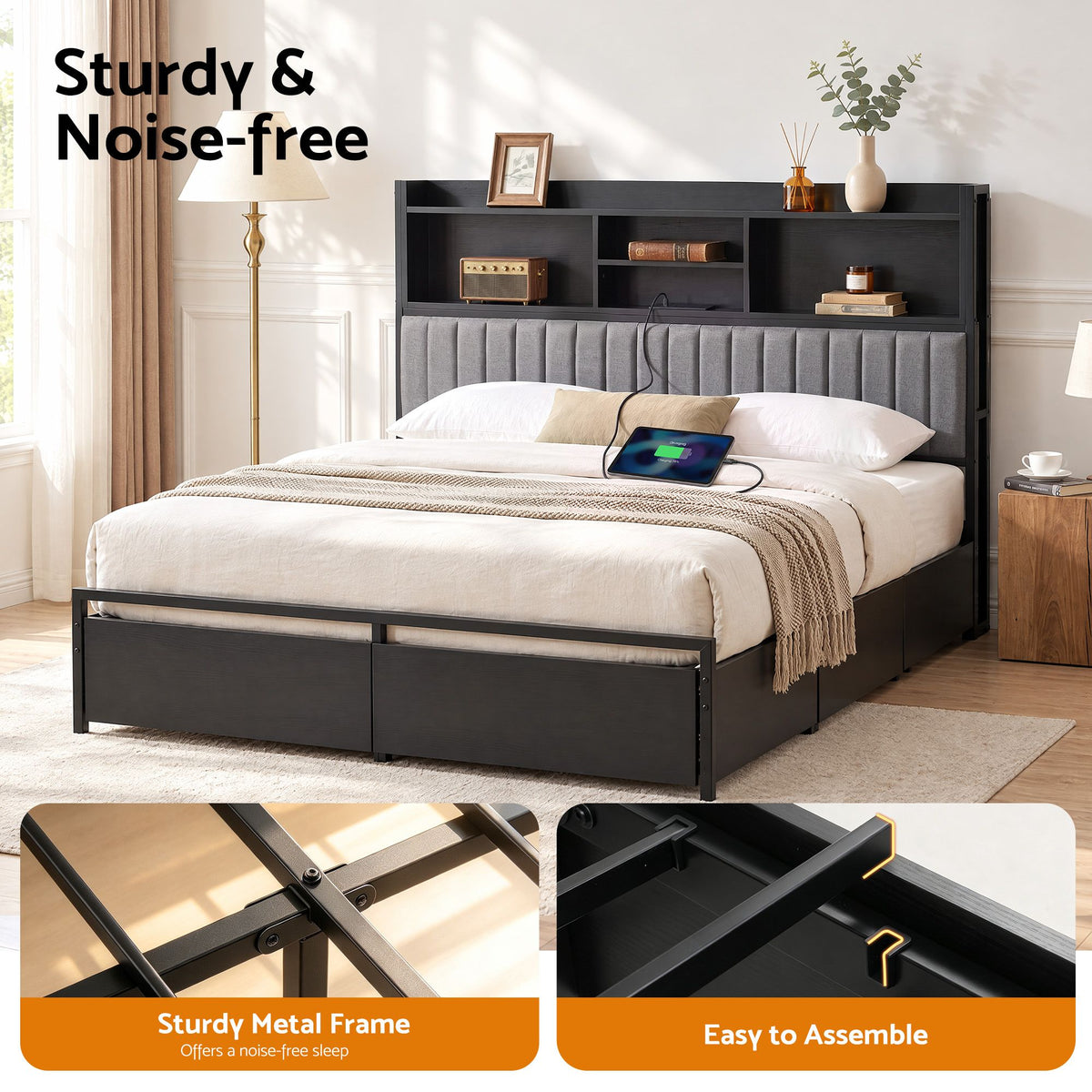 Artiss King Storage Bed Frame with Drawers and Charging Station