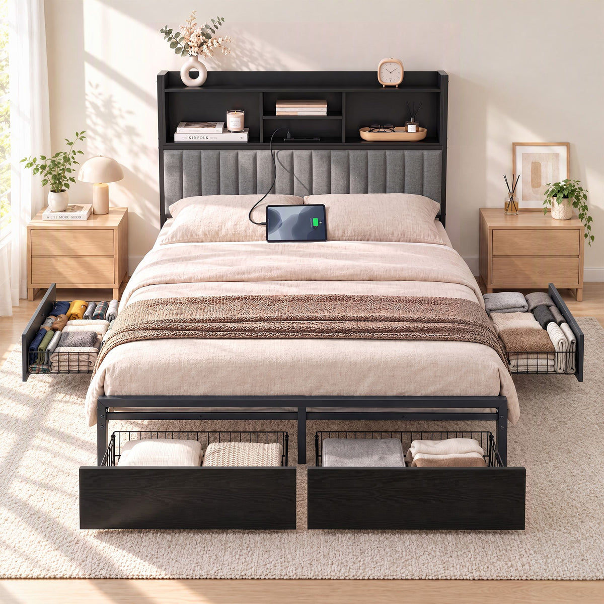 Artiss Queen Storage Bed Frame with 4 Drawers and Charging Station