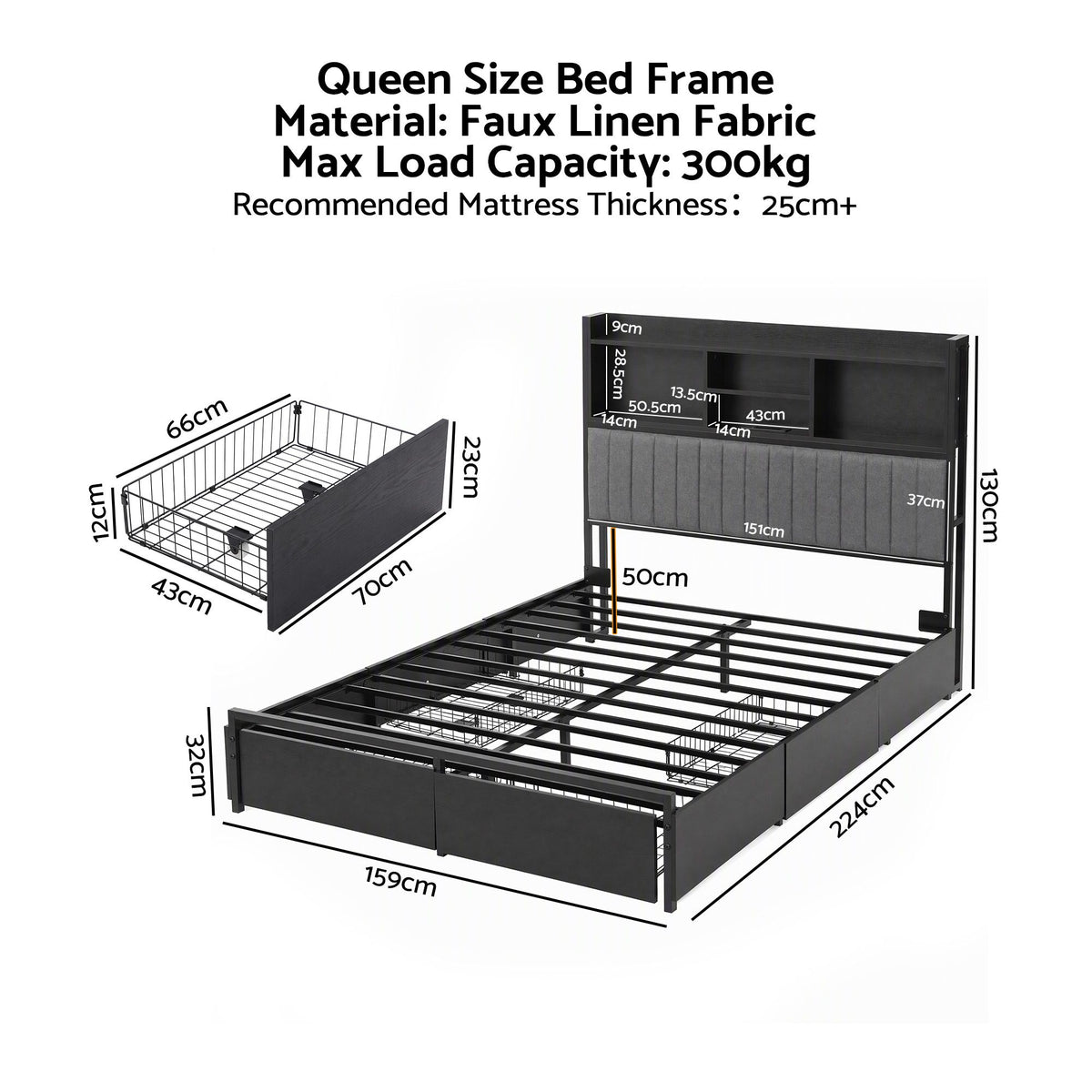 Artiss Queen Storage Bed Frame with 4 Drawers and Charging Station