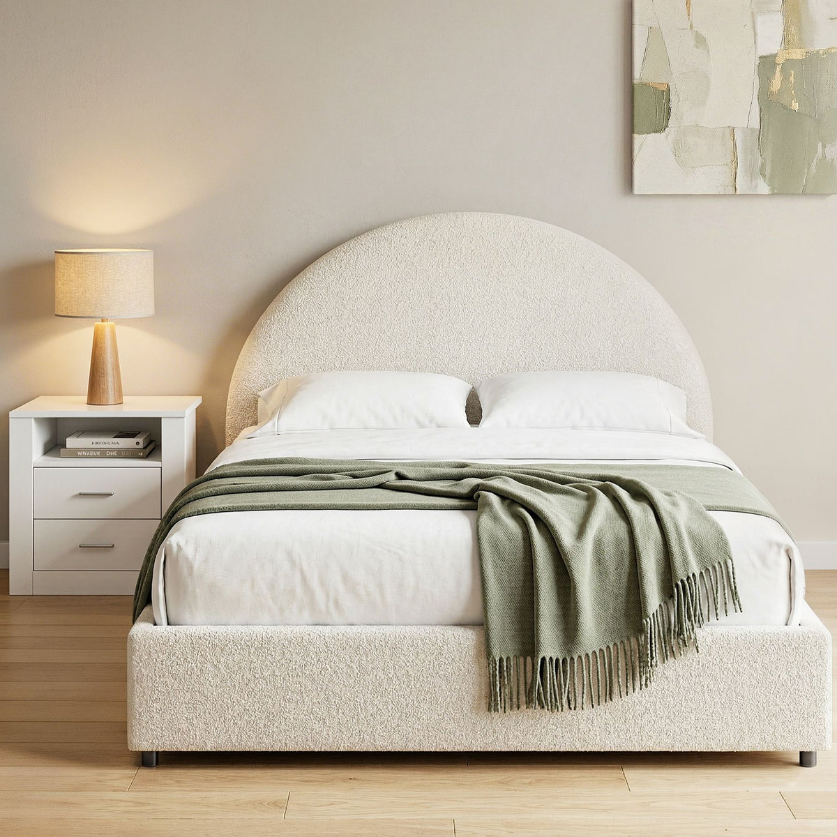 Ella Queen Gas Lift Bed Frame and Bedside Table Set Boucle Fabric