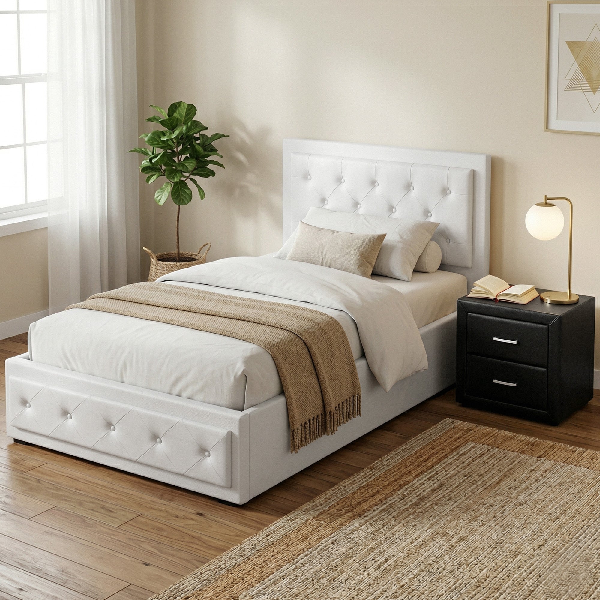 Artiss King Single Bed Frame Storage White Leather Gas Lift Bed Black Bedside Table Set