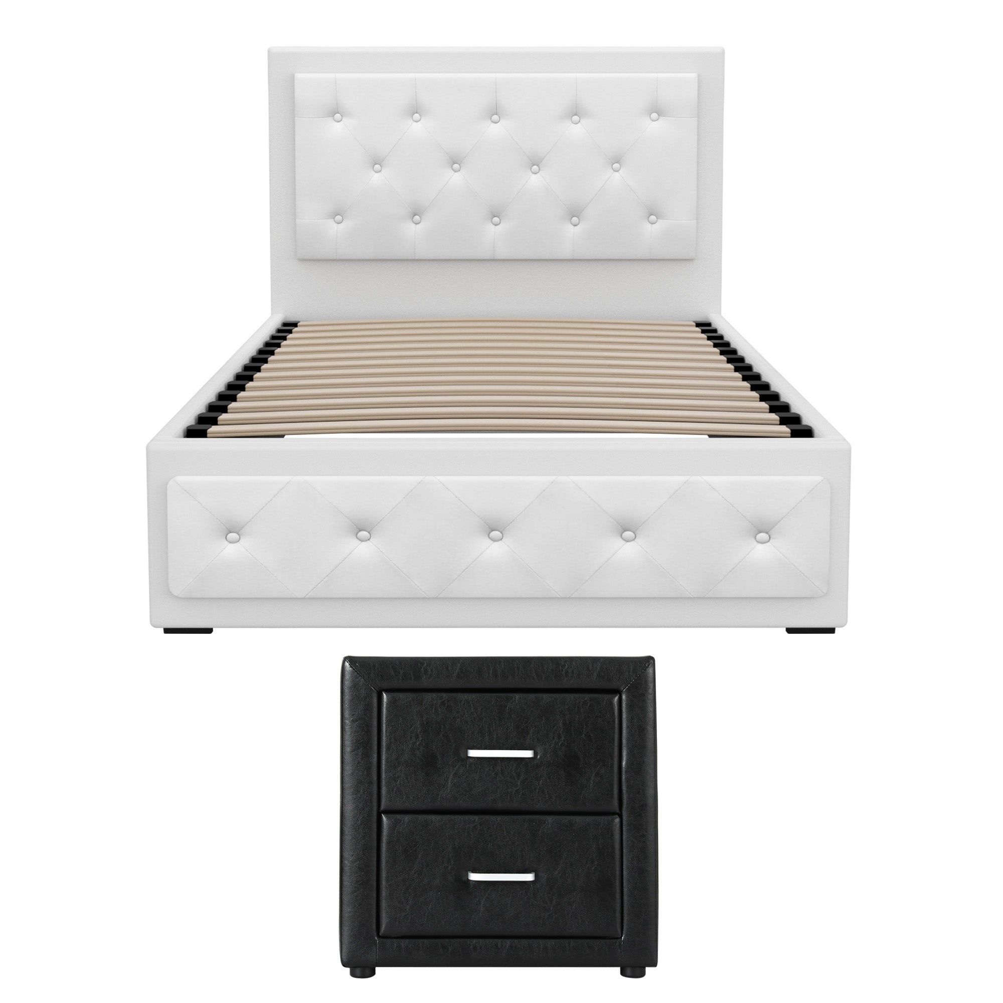 Artiss King Single Bed Frame Storage White Leather Gas Lift Bed Black Bedside Table Set