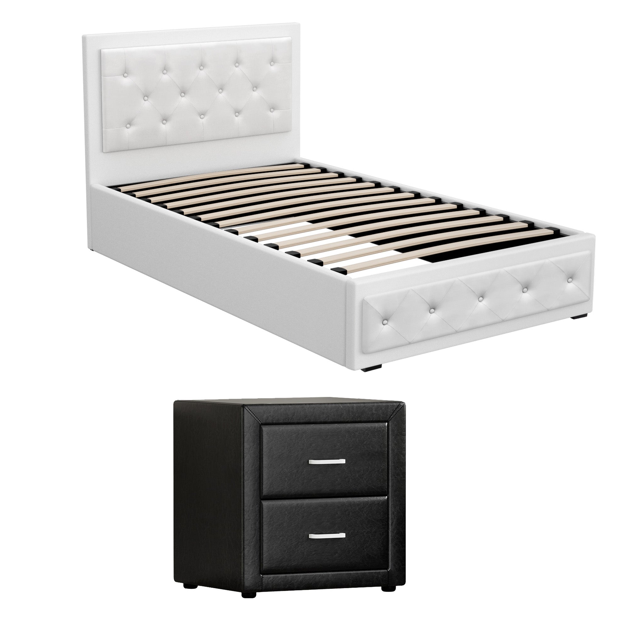 Artiss King Single Bed Frame Storage White Leather Gas Lift Bed Black Bedside Table Set
