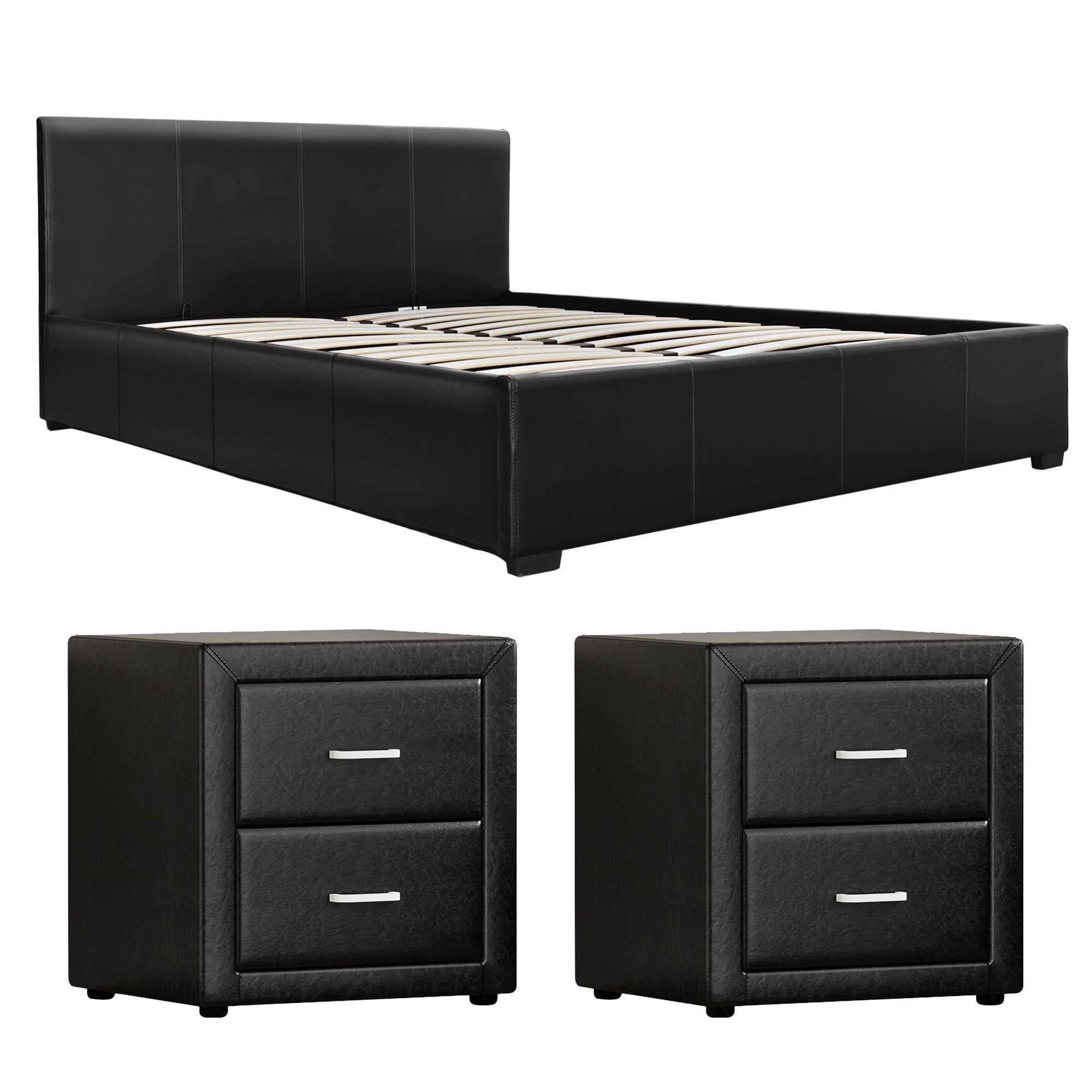 Artiss Gas Lift Queen Bed Frame and 2 Bedside Table Set Leather Black