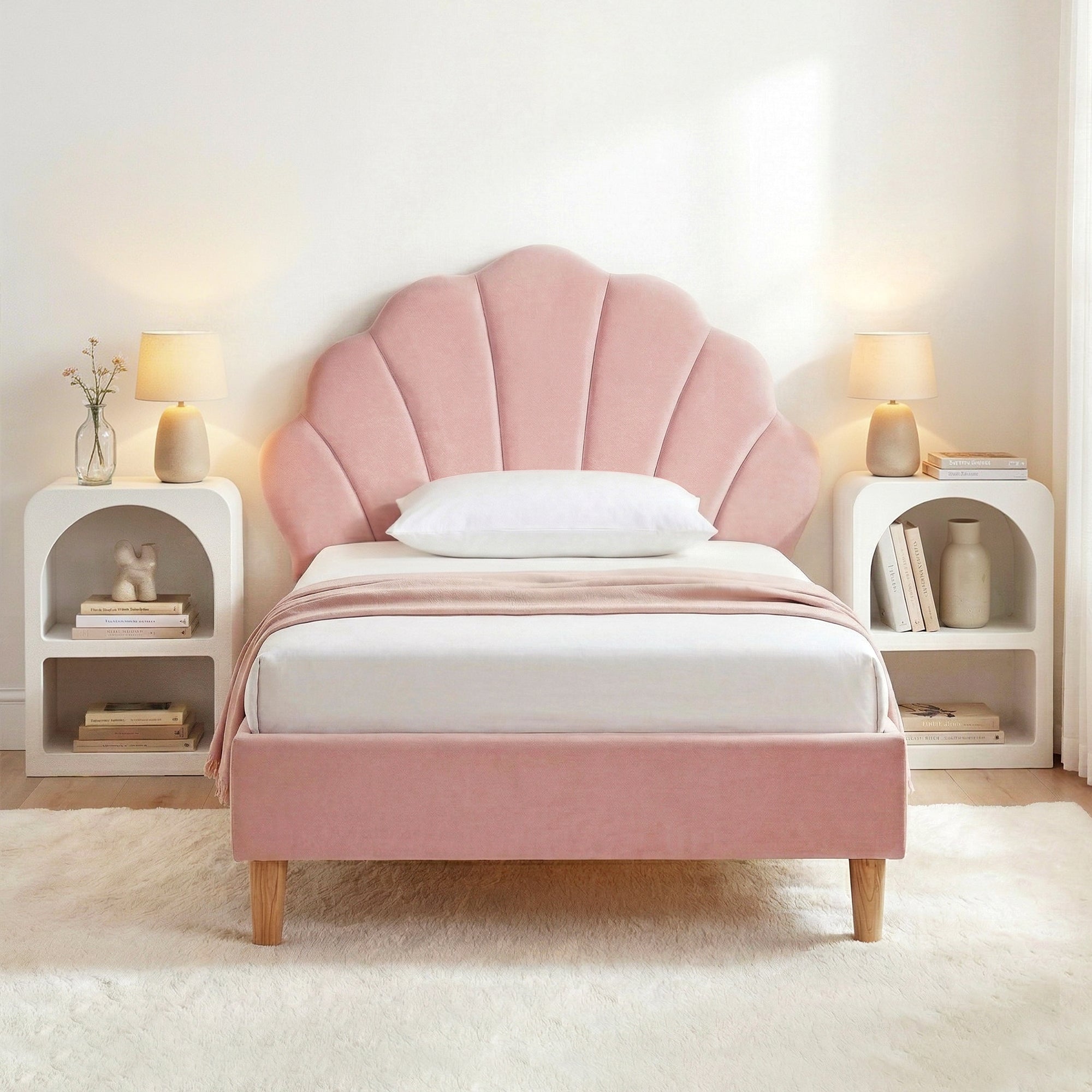 Artiss Bed Frame King Single with 2 Bedside Tables Set Scallop Headboard Pink Velvet Fabric Beds Base