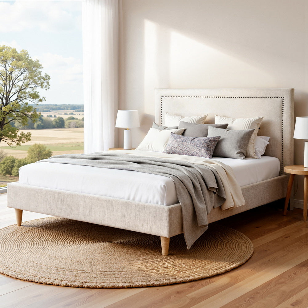 Artiss Queen Bed Frame Platform Bed Base Upholstered Headboard Linen Fabric Beige