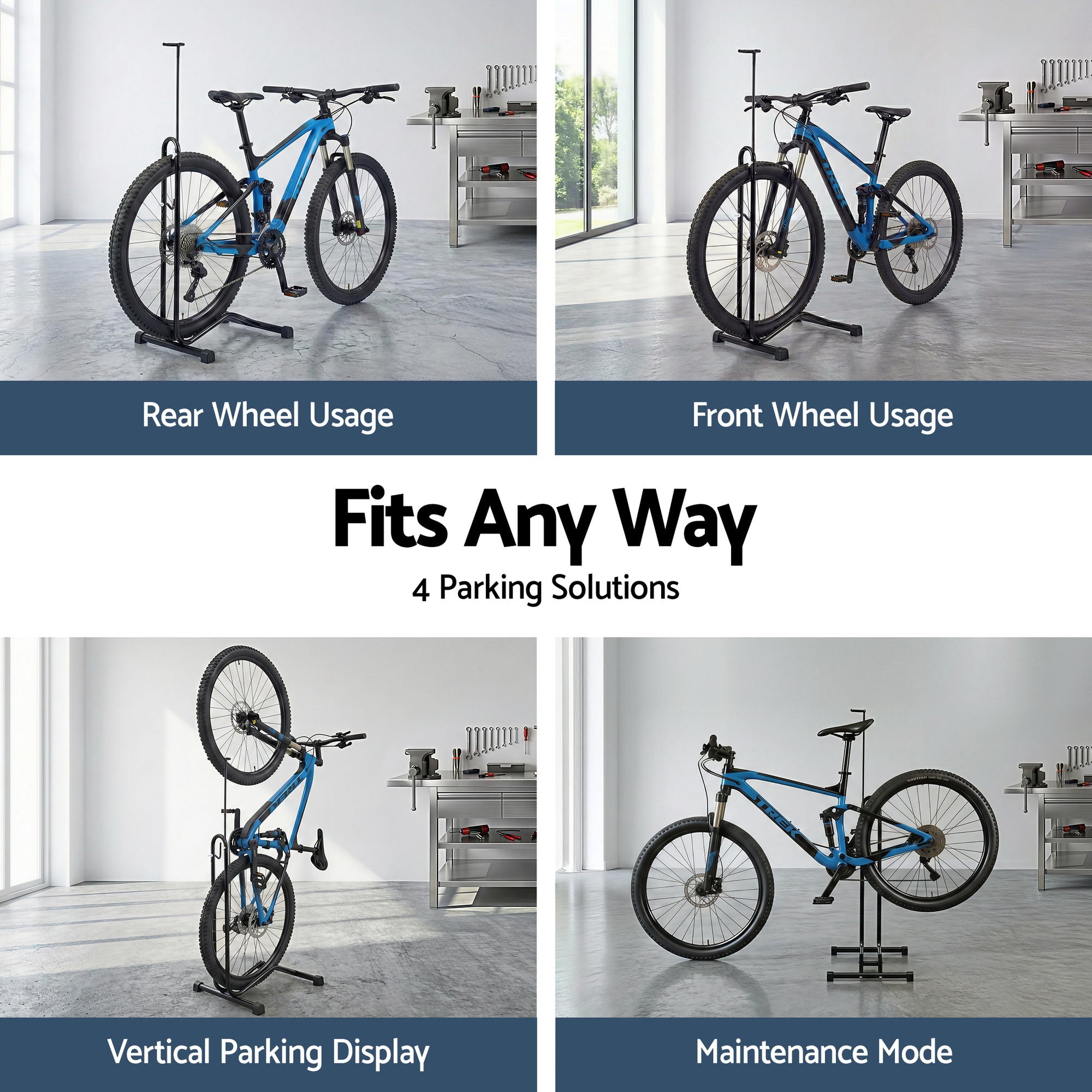 Weisshorn 4-in-1 Bike Parking Stand Vertical Floor Storage Rack for 24"-27.5" Bicycles, Adjustable Height Repair Maintenance Stand, Stable Indoor Garage Space Saver with Non-slip Rubber Feet