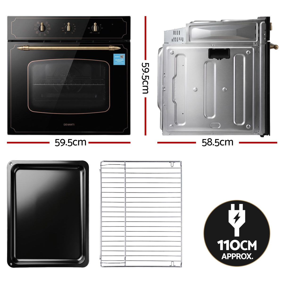 Devanti 60cm Built-In Electric Oven 80L 9 Functions Black