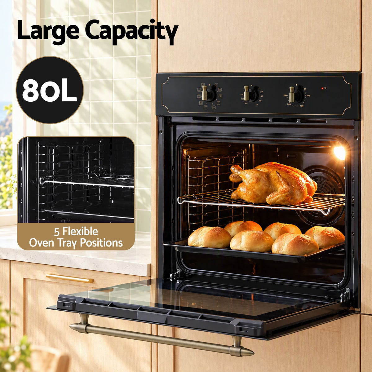 Devanti 60cm Built-In Electric Oven 80L 9 Functions Black