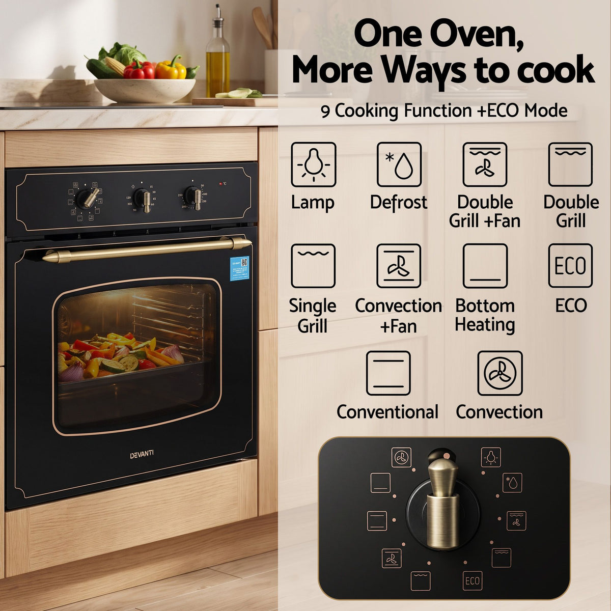 Devanti 60cm Built-In Electric Oven 80L 9 Functions Black