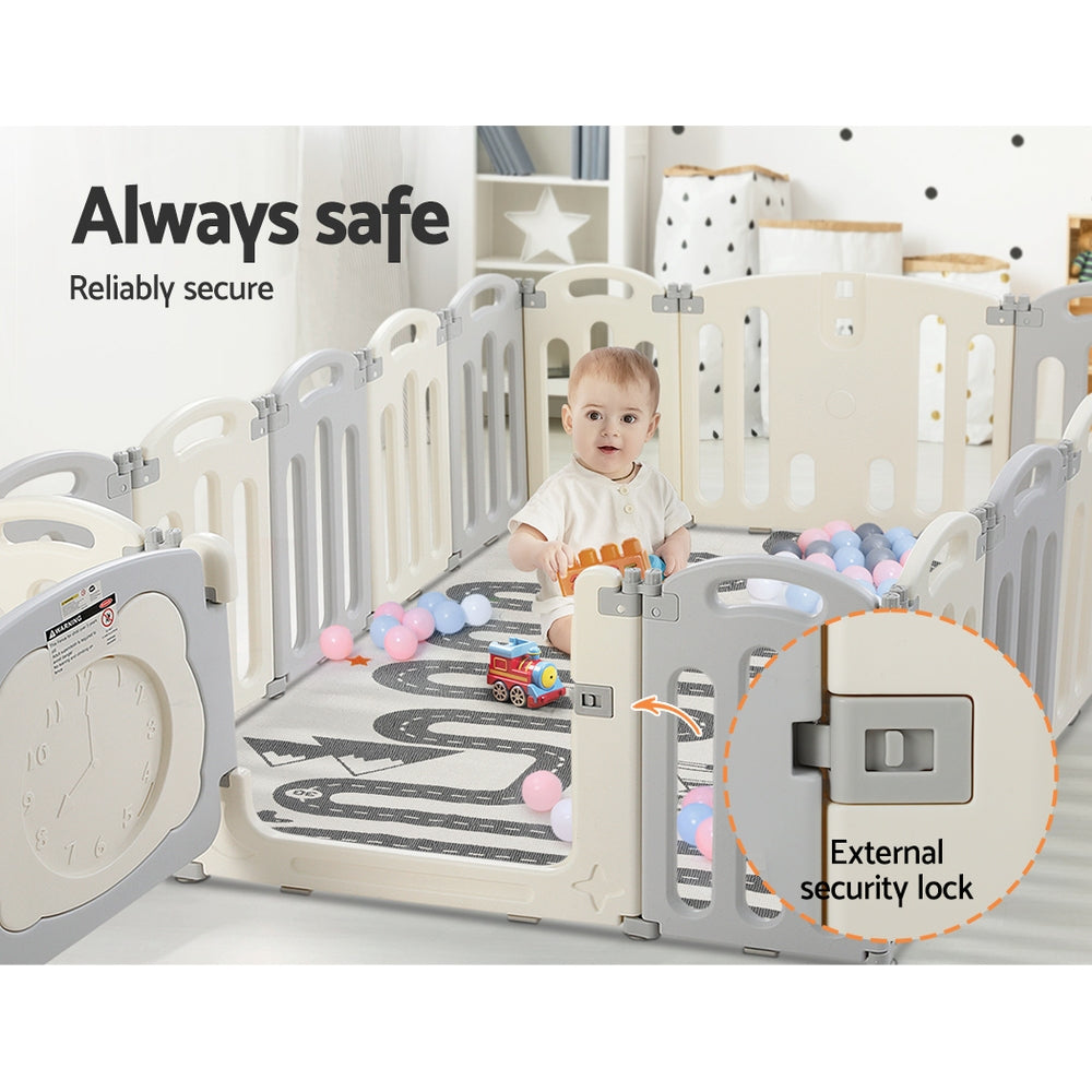 Keezi 16-Panel Foldable Baby Playpen Safety Activity Centre Light Grey/White