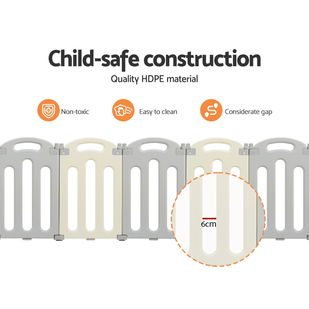 Keezi 16-Panel Foldable Baby Playpen Safety Activity Centre Light Grey/White