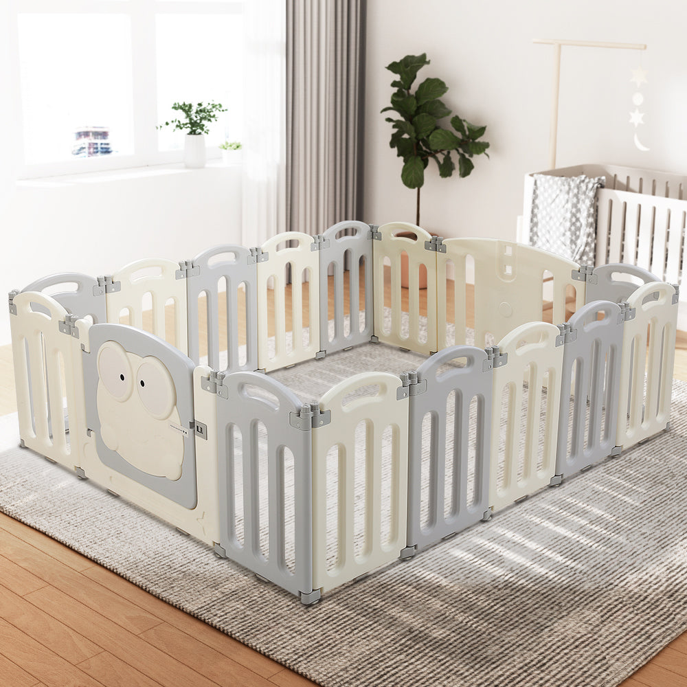 Keezi 16-Panel Foldable Baby Playpen Safety Activity Centre Light Grey/White