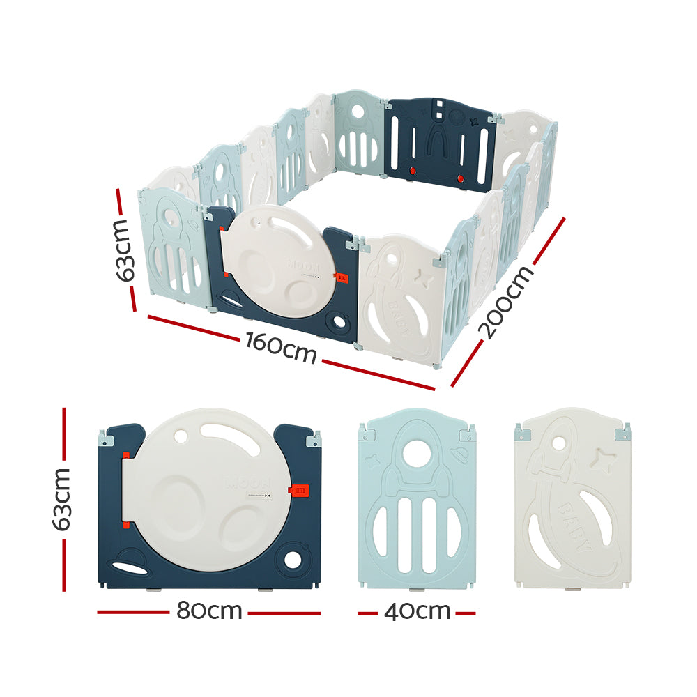 Keezi 16-Panel Foldable Baby Playpen Safety Barrier Blue/White