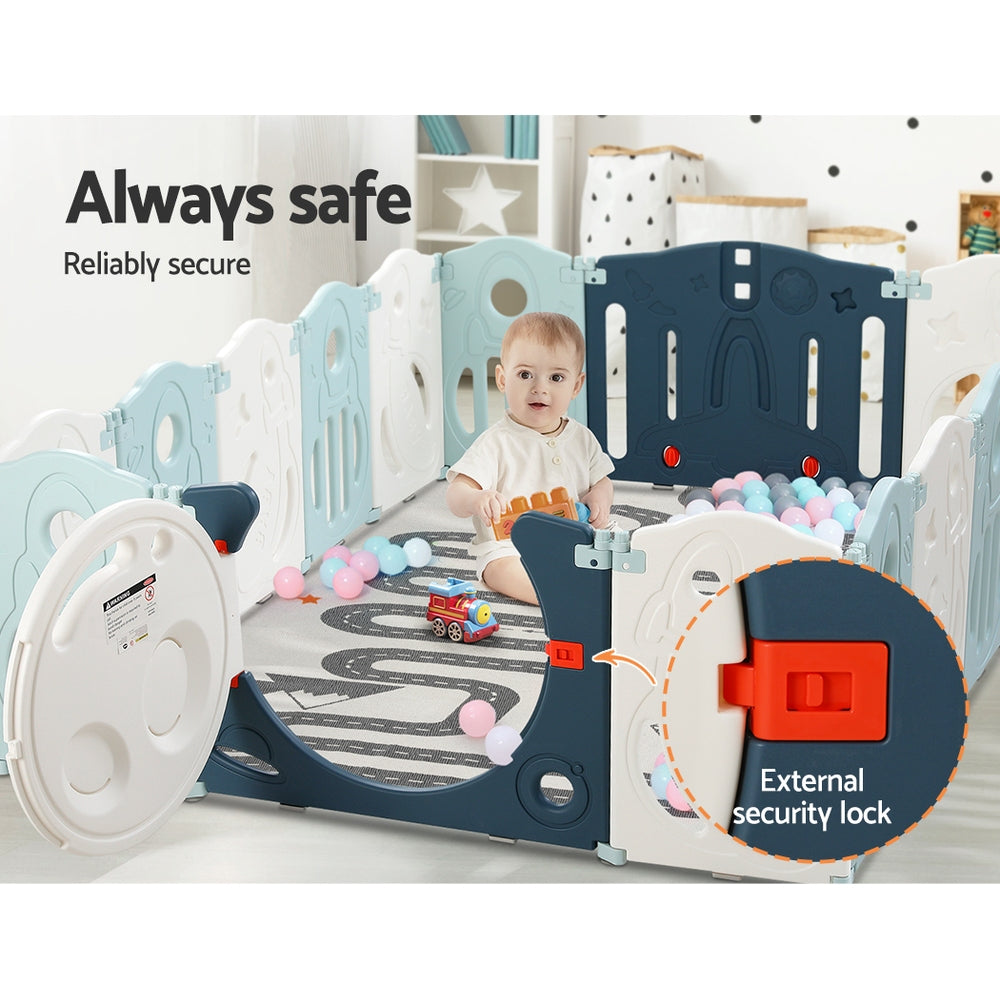 Keezi 16-Panel Foldable Baby Playpen Safety Barrier Blue/White