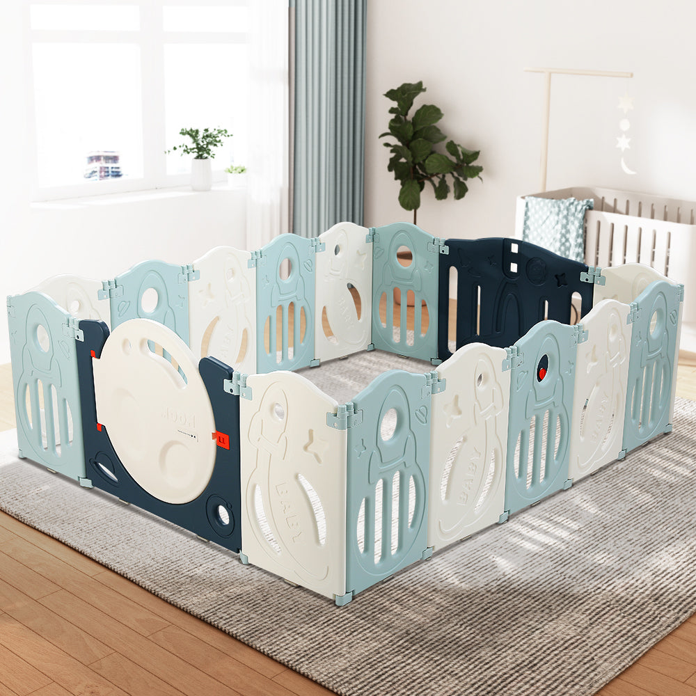 Keezi 16-Panel Foldable Baby Playpen Safety Barrier Blue/White