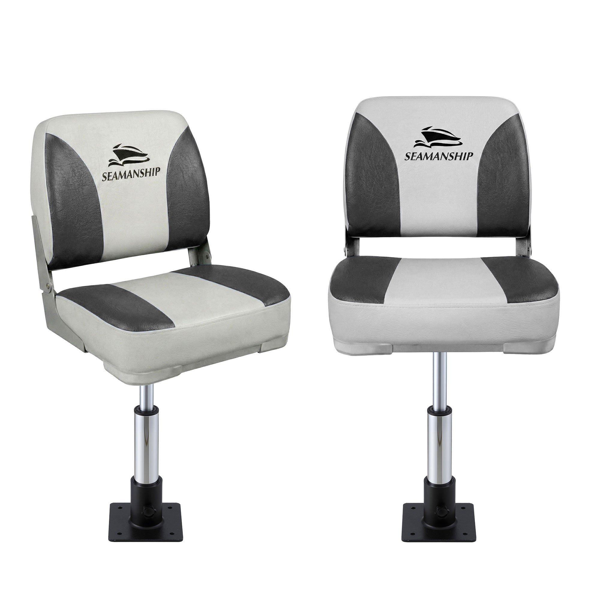 Seamanship 2X Folding Boat Seats with 2X Adjustable Pedestals 34–46cm Marine Swivel Low Back 13cm Padding Charcoal