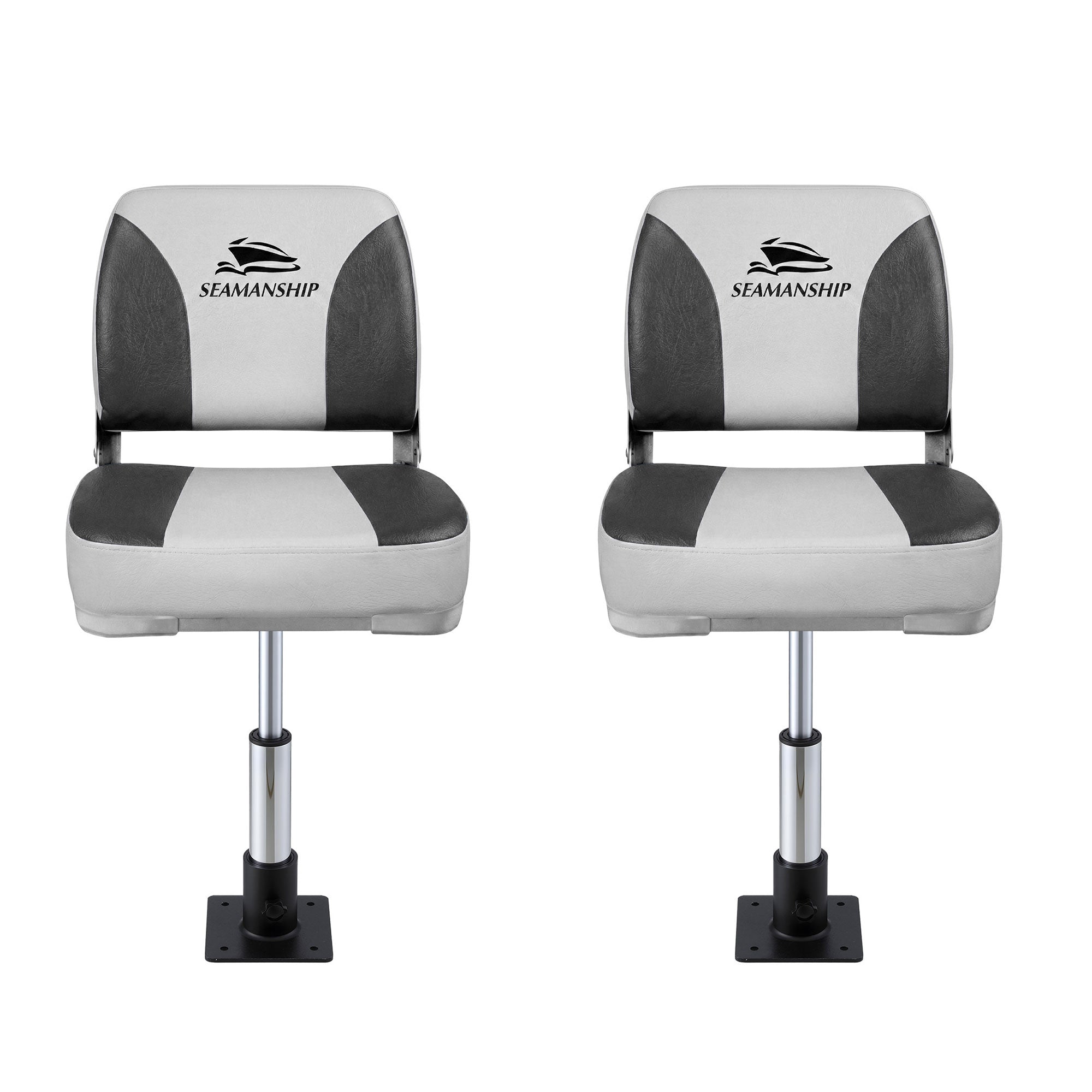 Seamanship 2X Folding Boat Seats with 2X Adjustable Pedestals 34–46cm Marine Swivel Low Back 13cm Padding Charcoal