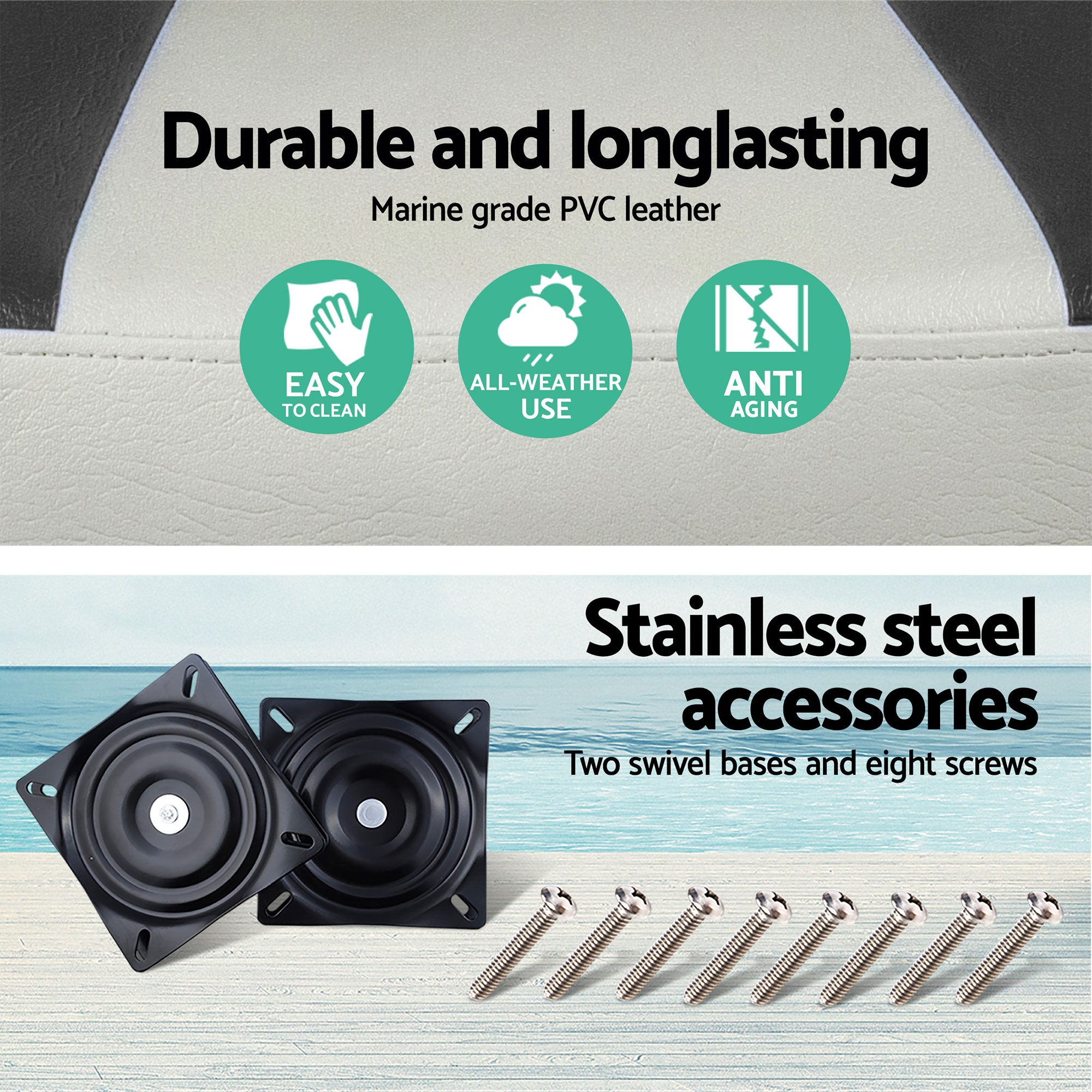 Seamanship 2X Folding Boat Seats with 2X Adjustable Pedestals 34–46cm Marine Swivel Low Back 13cm Padding Charcoal