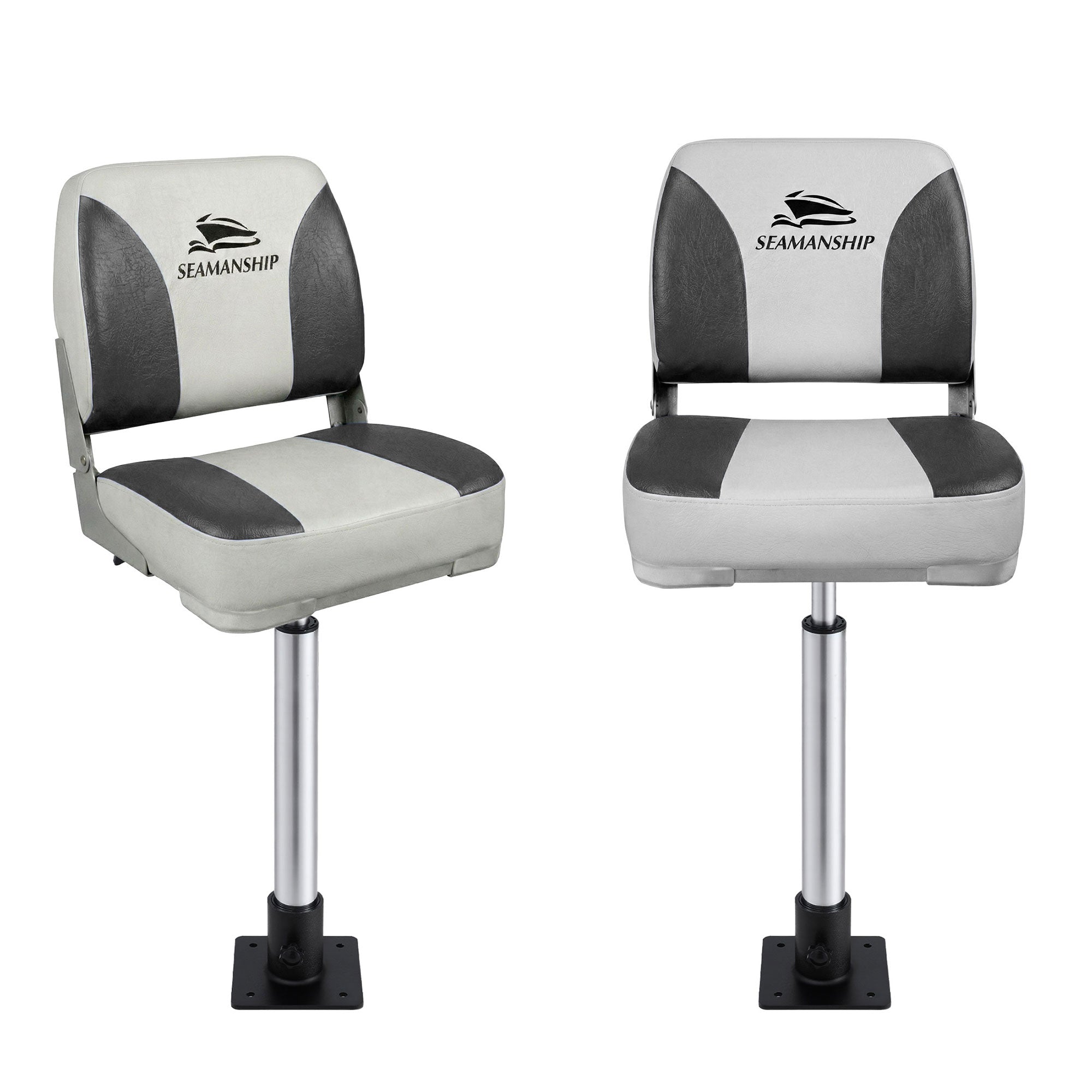 Seamanship 2X Folding Boat Seats with 2X Adjustable Pedestals 55–75cm Marine Swivel Low Back 13cm Padding Charcoal