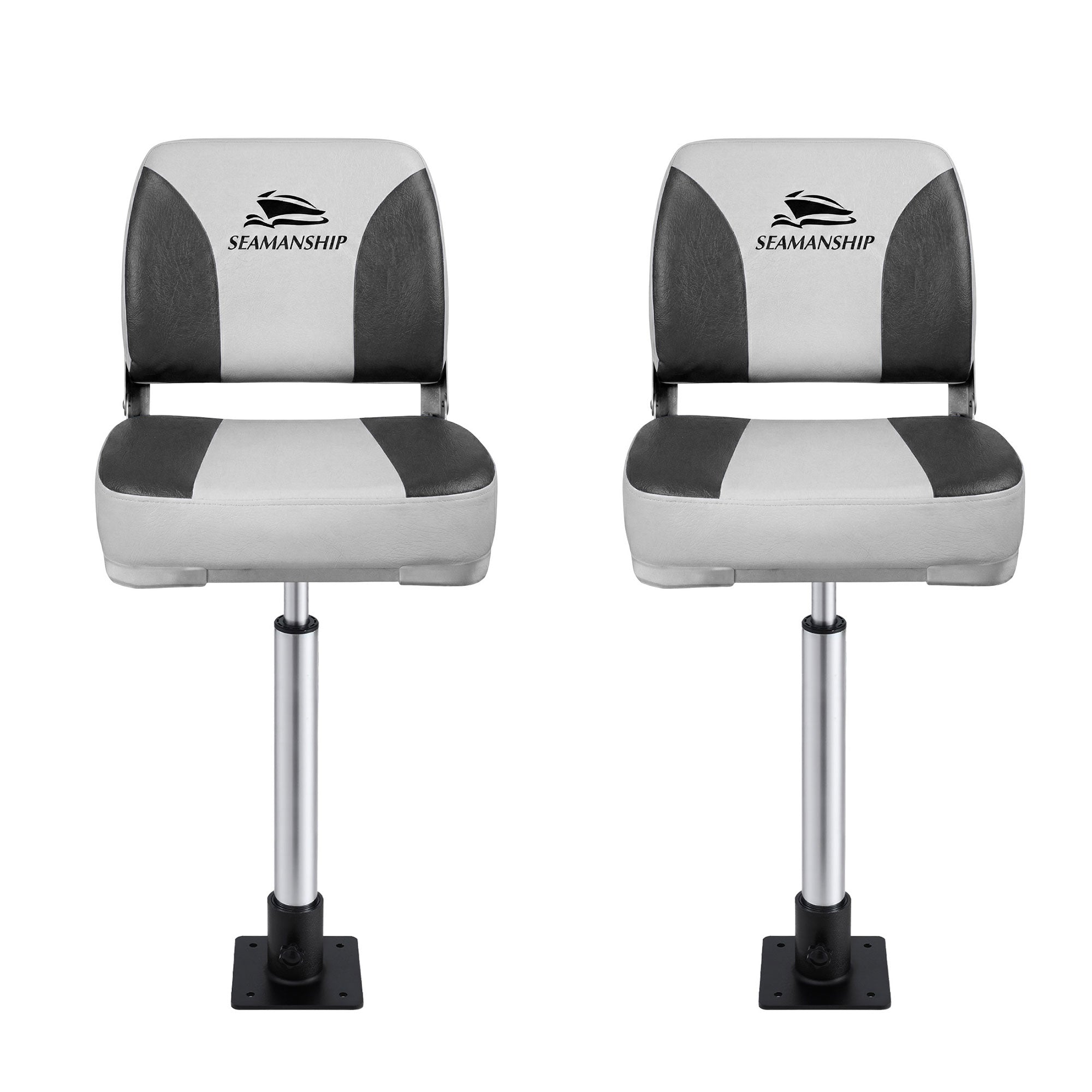 Seamanship 2X Folding Boat Seats with 2X Adjustable Pedestals 55–75cm Marine Swivel Low Back 13cm Padding Charcoal