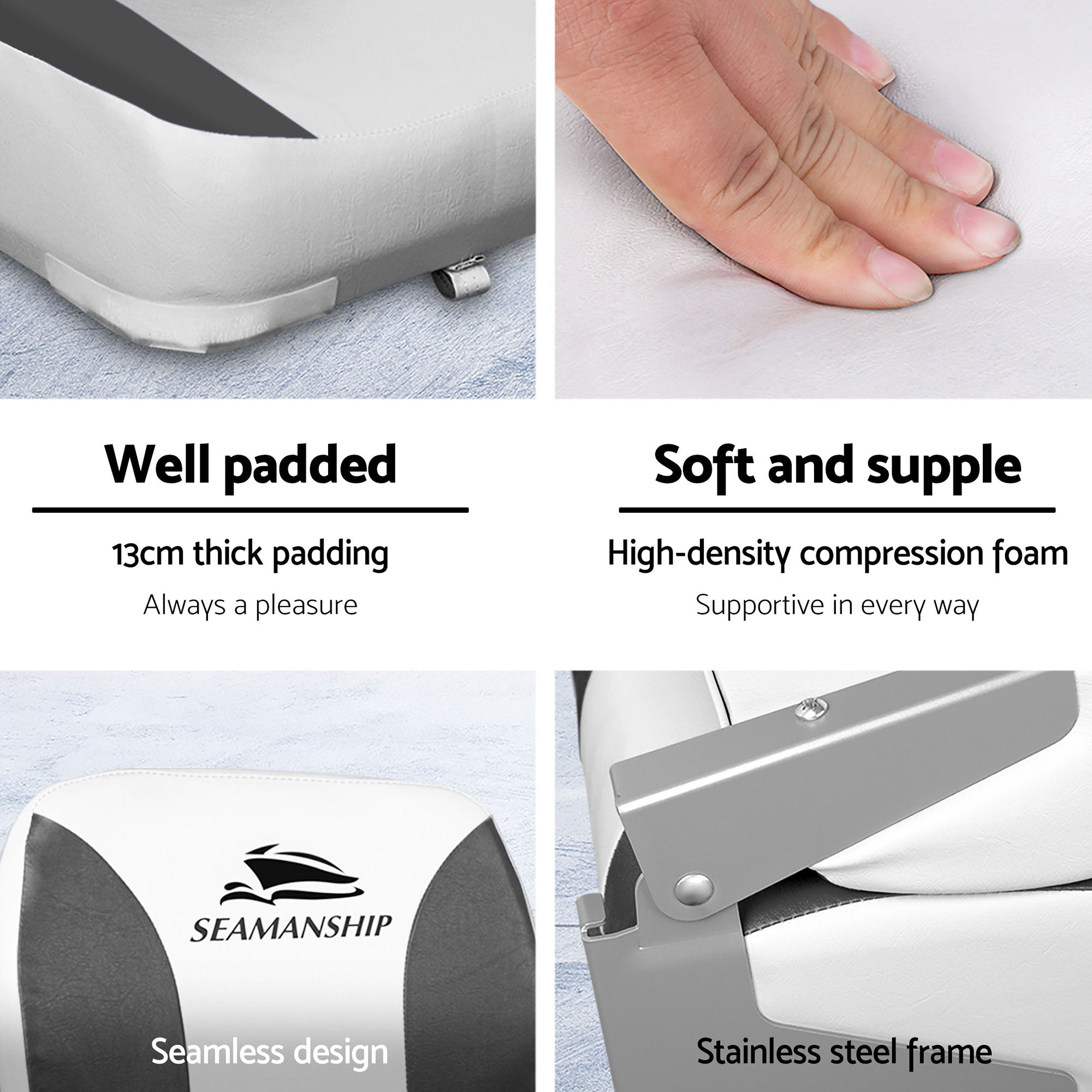 Seamanship 2X Folding Boat Seats with 2X Adjustable Pedestals 55–75cm Marine Swivel Low Back 13cm Padding Charcoal