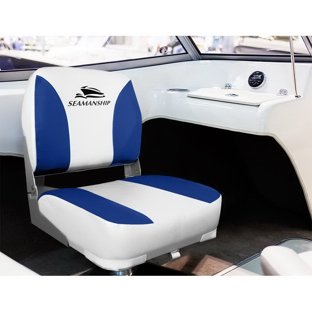 Seamanship 2X Marine Boat Seats Swivel Folding Low Back White Blue