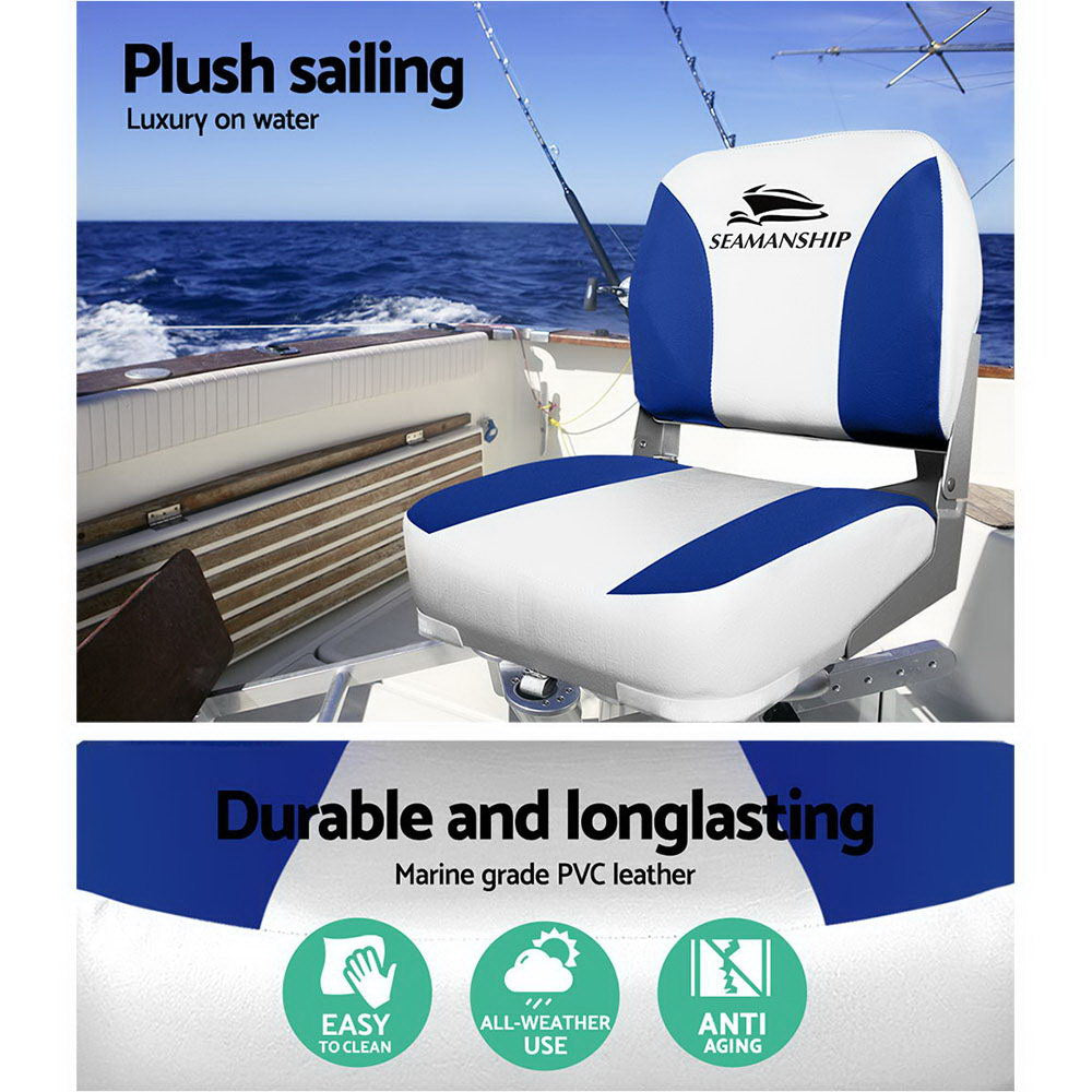 Seamanship 2X Marine Boat Seats Swivel Folding Low Back White Blue