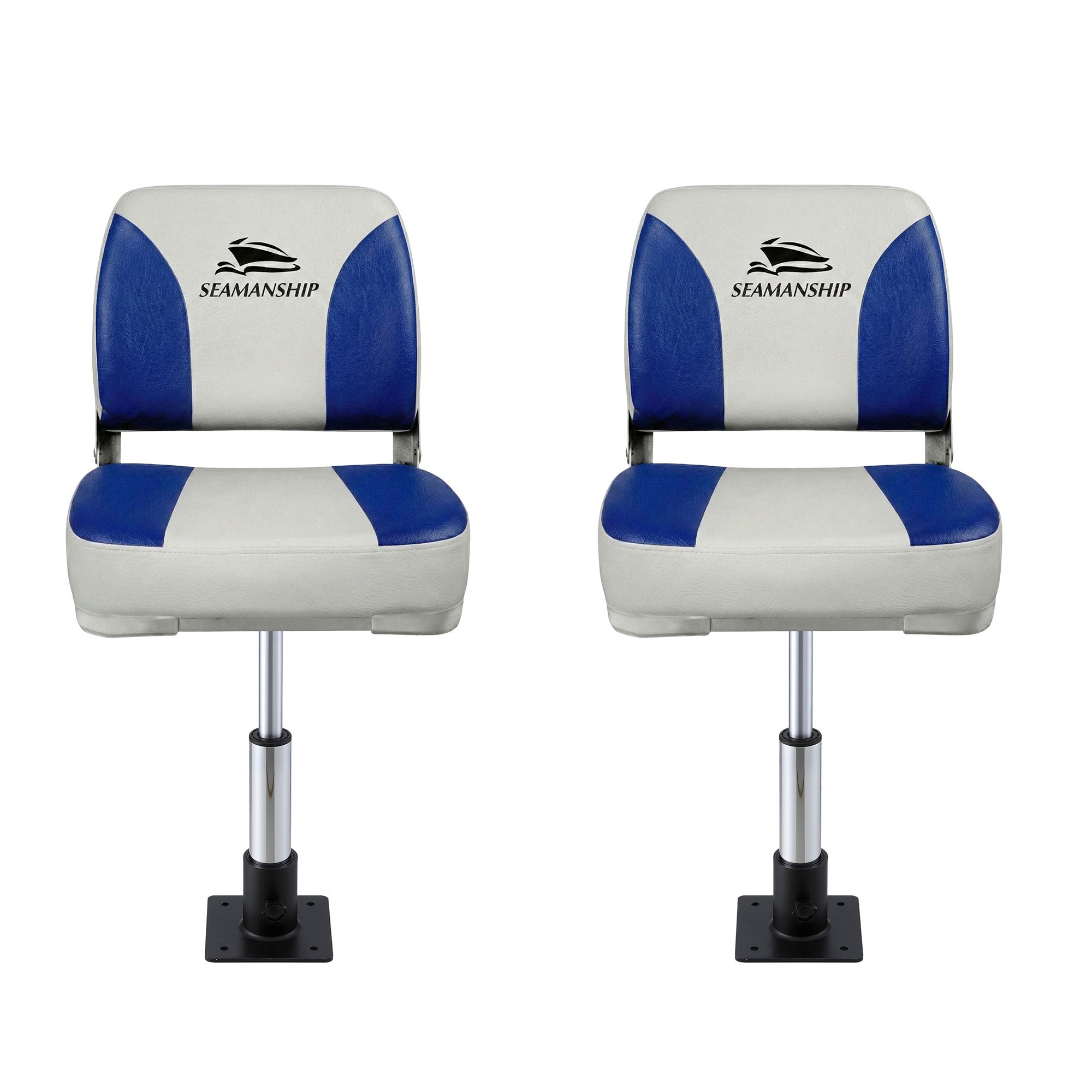 Seamanship 2X Folding Boat Seats with 2X Adjustable Pedestals 34–46cm Marine Swivel Low Back 13cm Padding White Blue