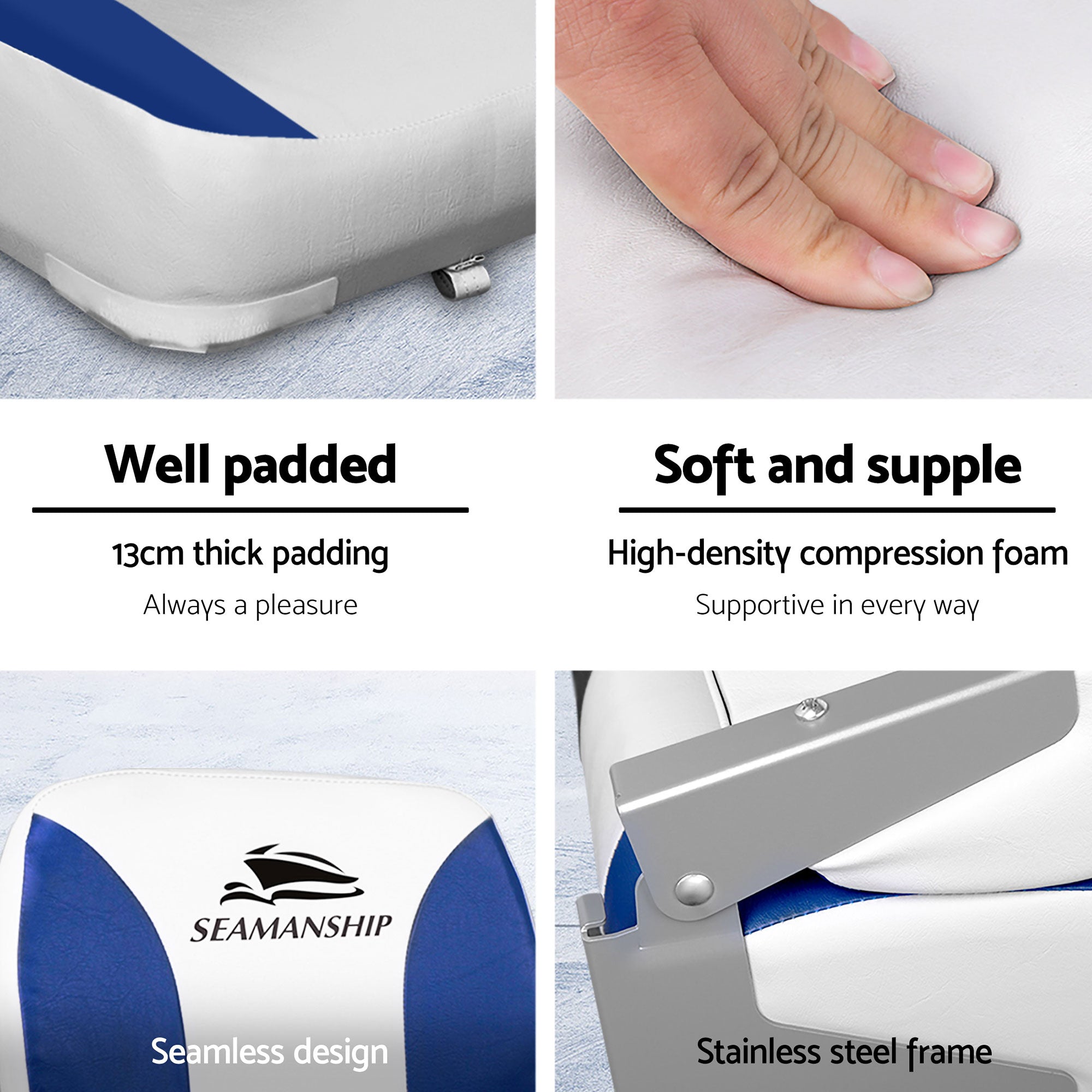 Seamanship 2X Folding Boat Seats with 2X Adjustable Pedestals 34–46cm Marine Swivel Low Back 13cm Padding White Blue