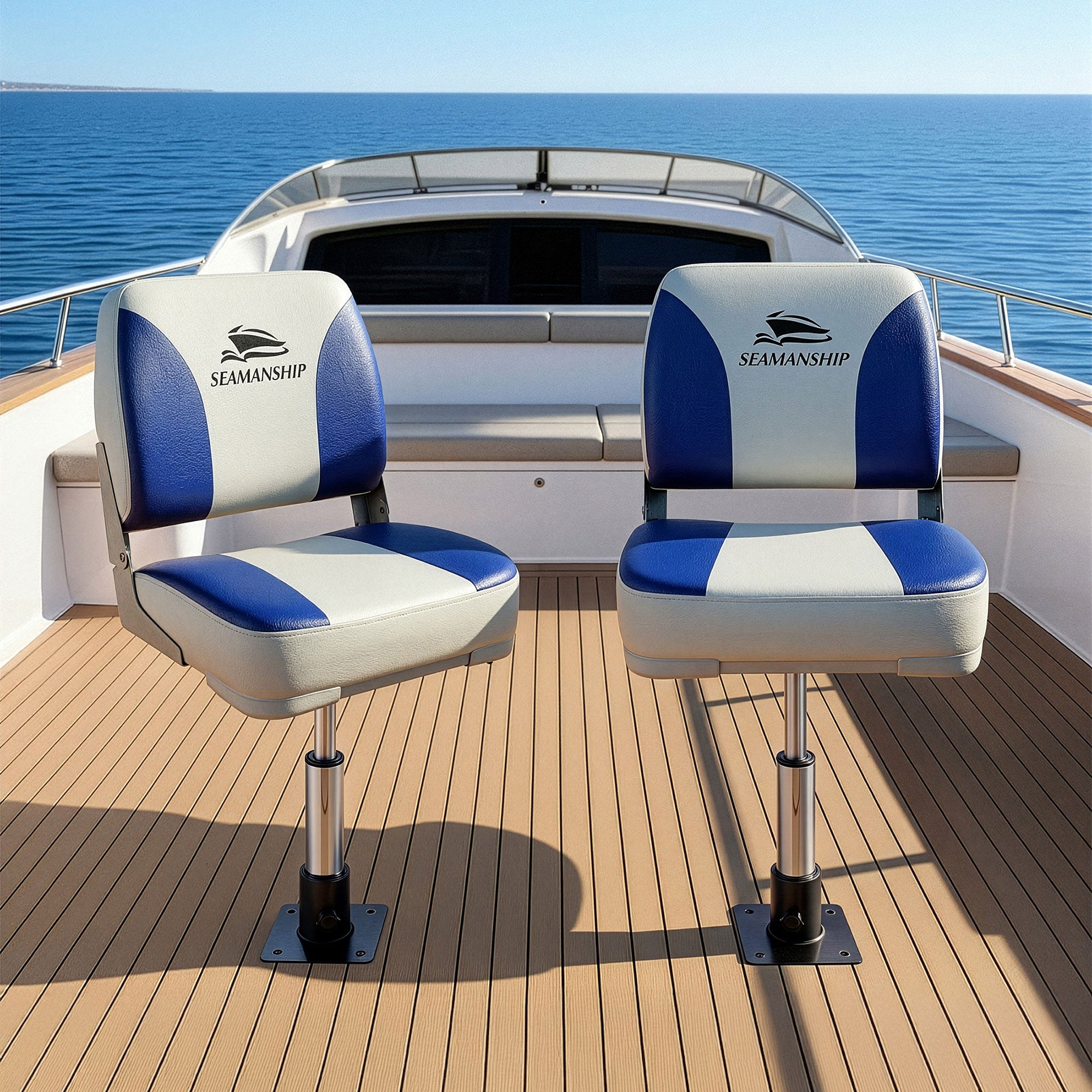 Seamanship 2X Folding Boat Seats with 2X Adjustable Pedestals 34–46cm Marine Swivel Low Back 13cm Padding White Blue
