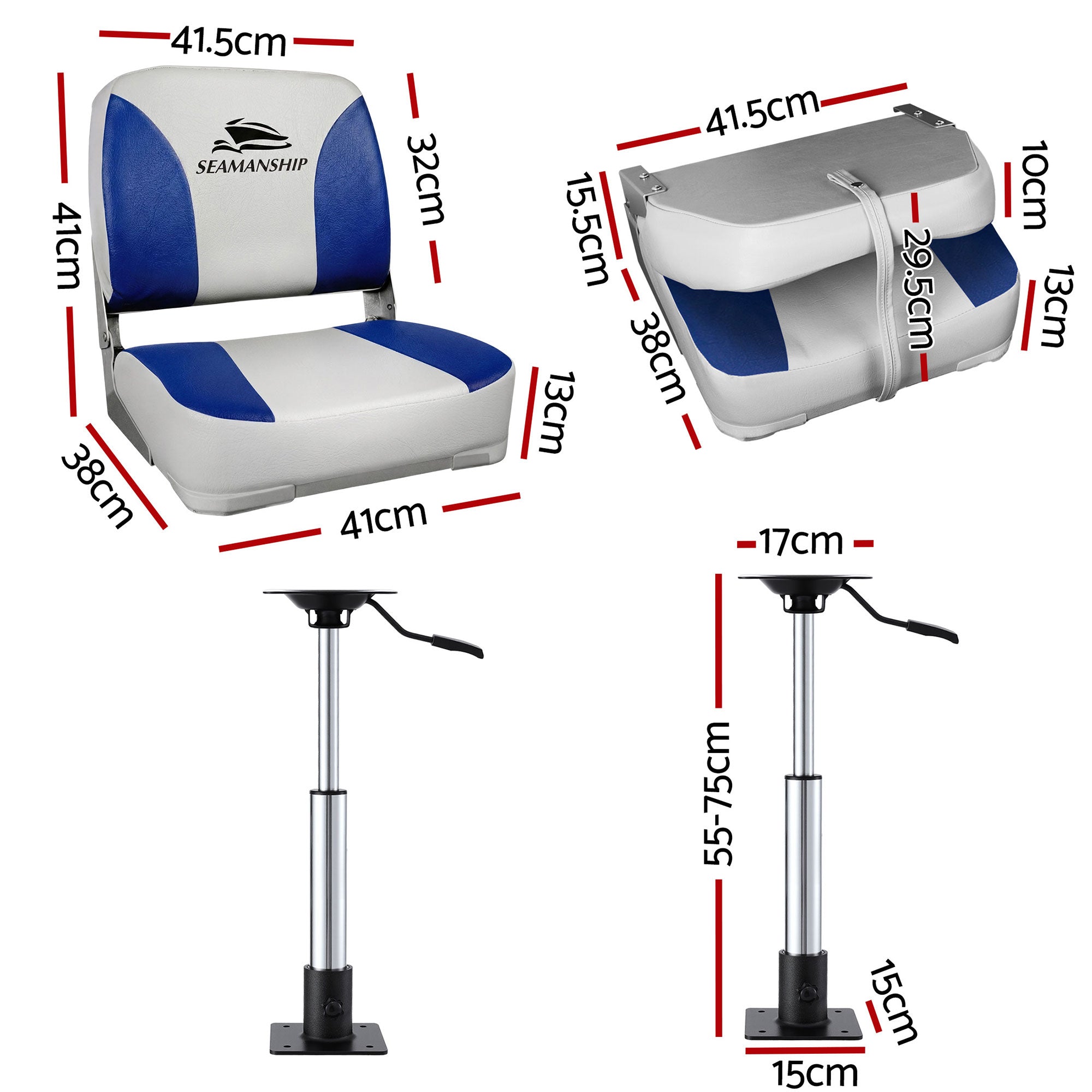 Seamanship 2X Folding Boat Seats with 2X Adjustable Pedestals 55–75cm Marine Swivel Low Back 13cm Padding White Blue