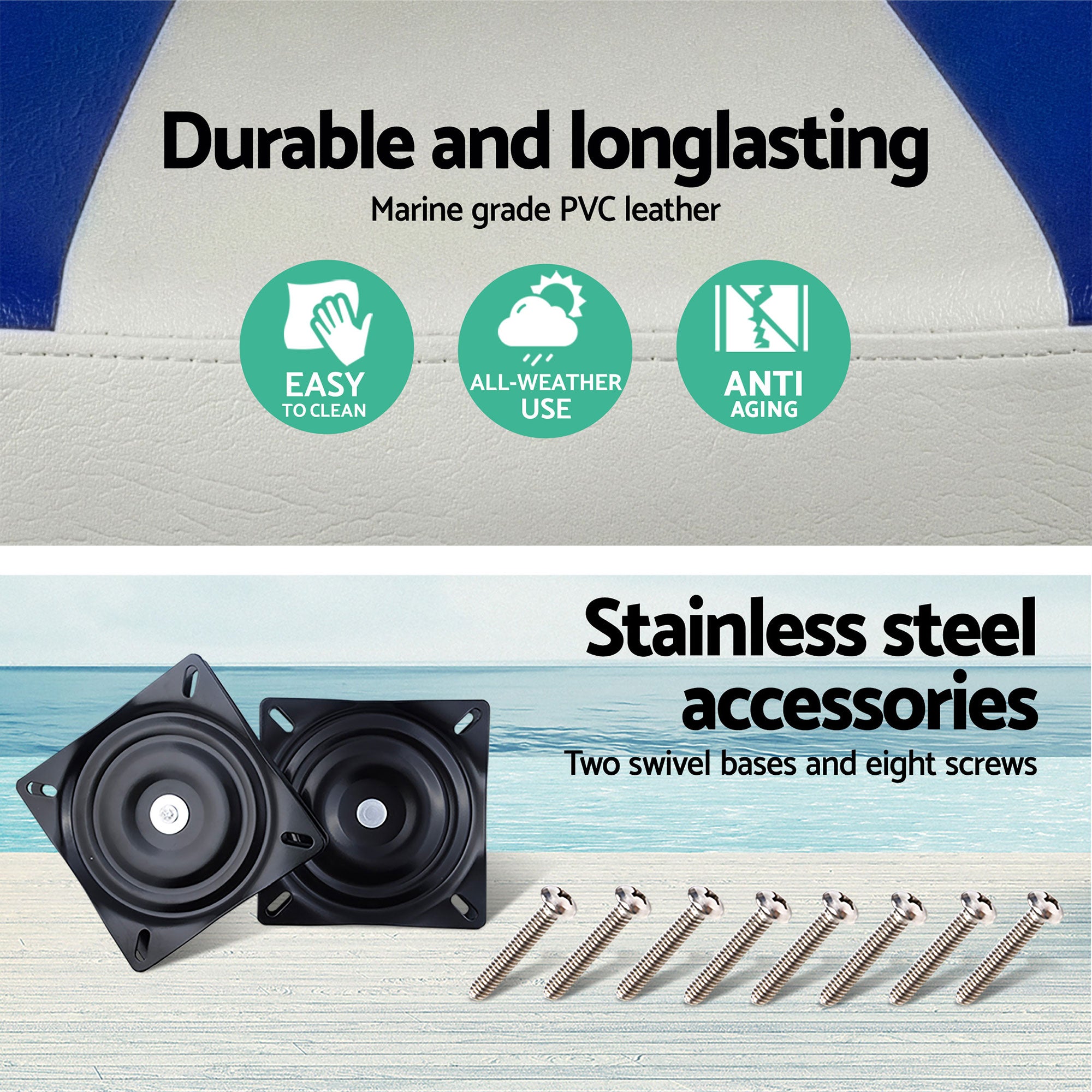 Seamanship 2X Folding Boat Seats with 2X Adjustable Pedestals 55–75cm Marine Swivel Low Back 13cm Padding White Blue