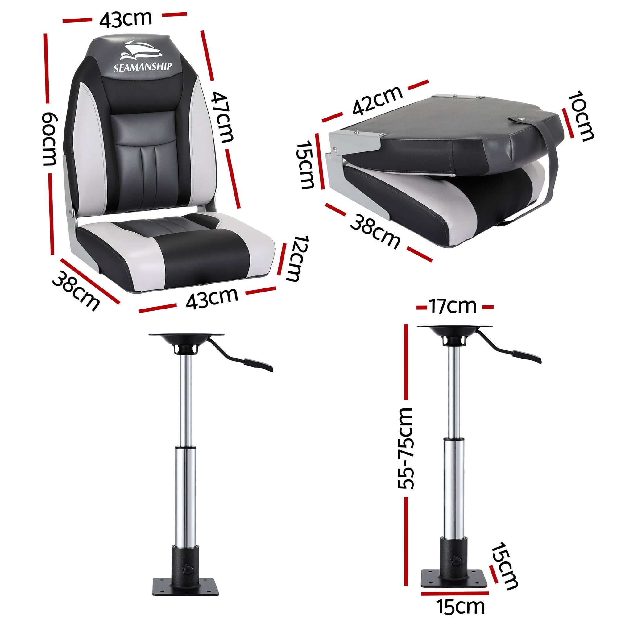 Seamanship 2X Folding Boat Seats with 2X Adjustable Pedestals 55–75cm Marine Seat Swivel High Back 12cm Padding Black