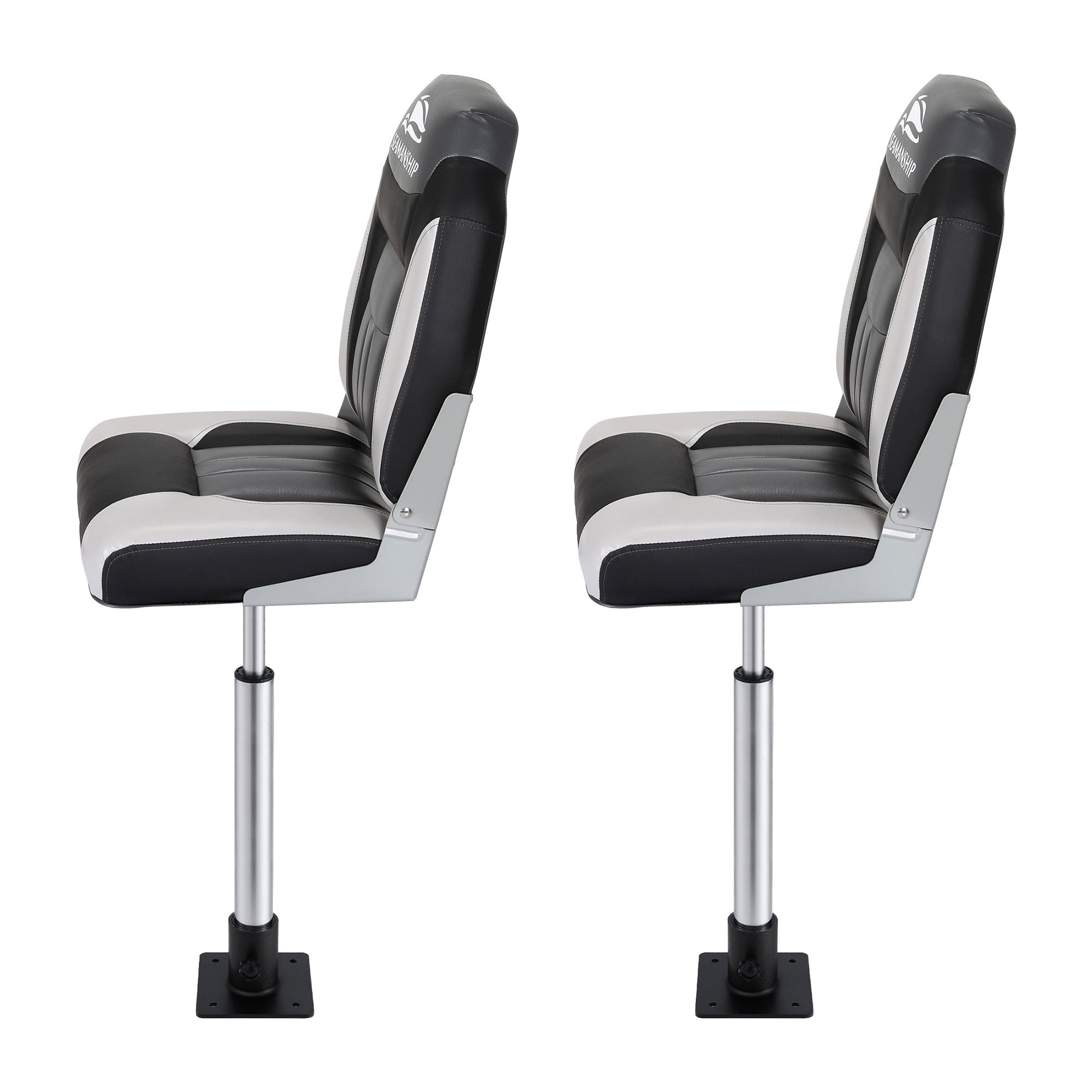 Seamanship 2X Folding Boat Seats with 2X Adjustable Pedestals 55–75cm Marine Seat Swivel High Back 12cm Padding Black