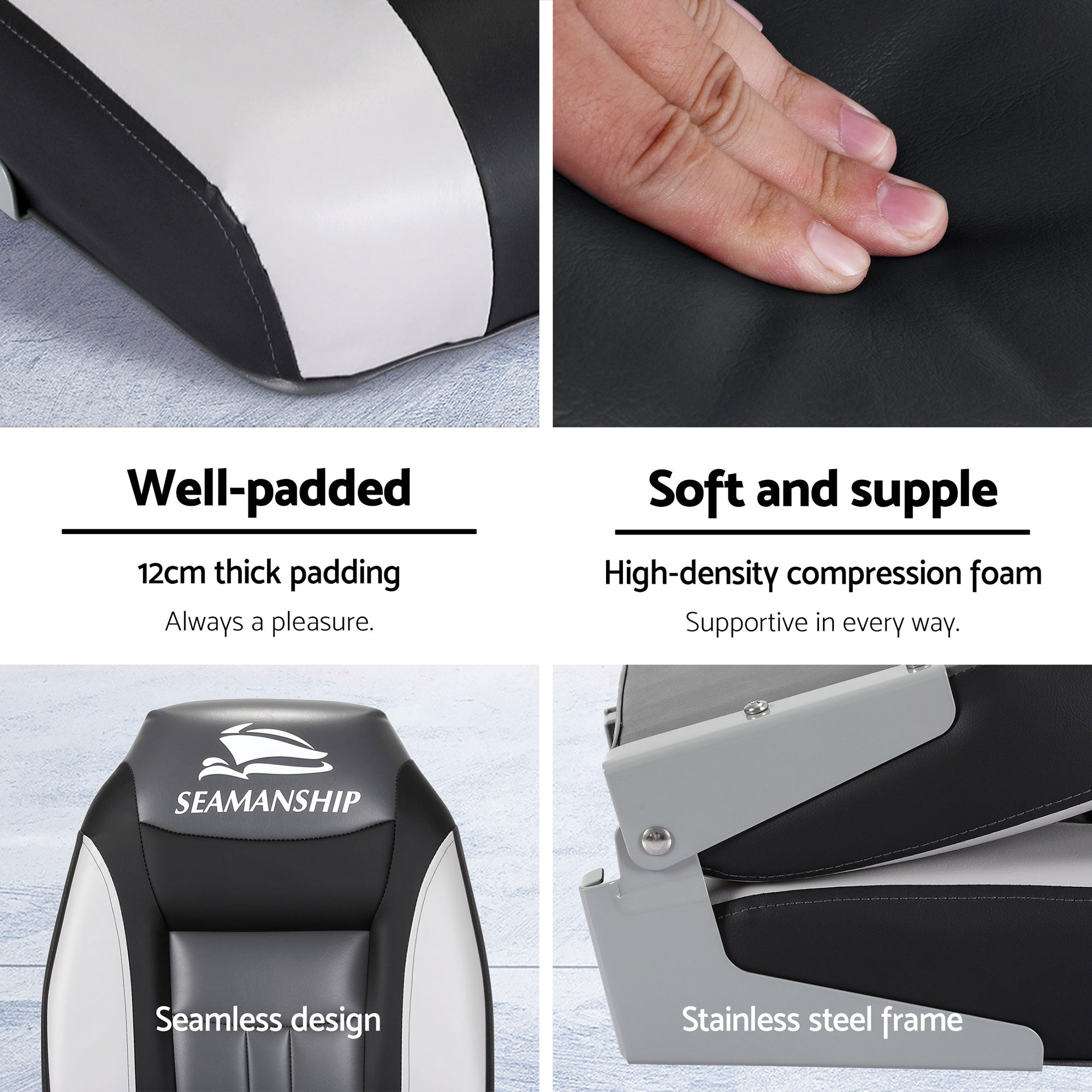 Seamanship 2X Folding Boat Seats with 2X Adjustable Pedestals 55–75cm Marine Seat Swivel High Back 12cm Padding Black