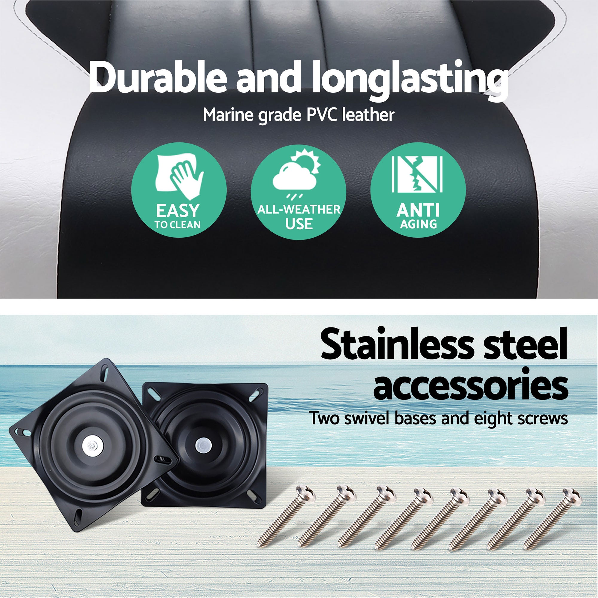 Seamanship 2X Folding Boat Seats with 2X Adjustable Pedestals 55–75cm Marine Seat Swivel High Back 12cm Padding Black