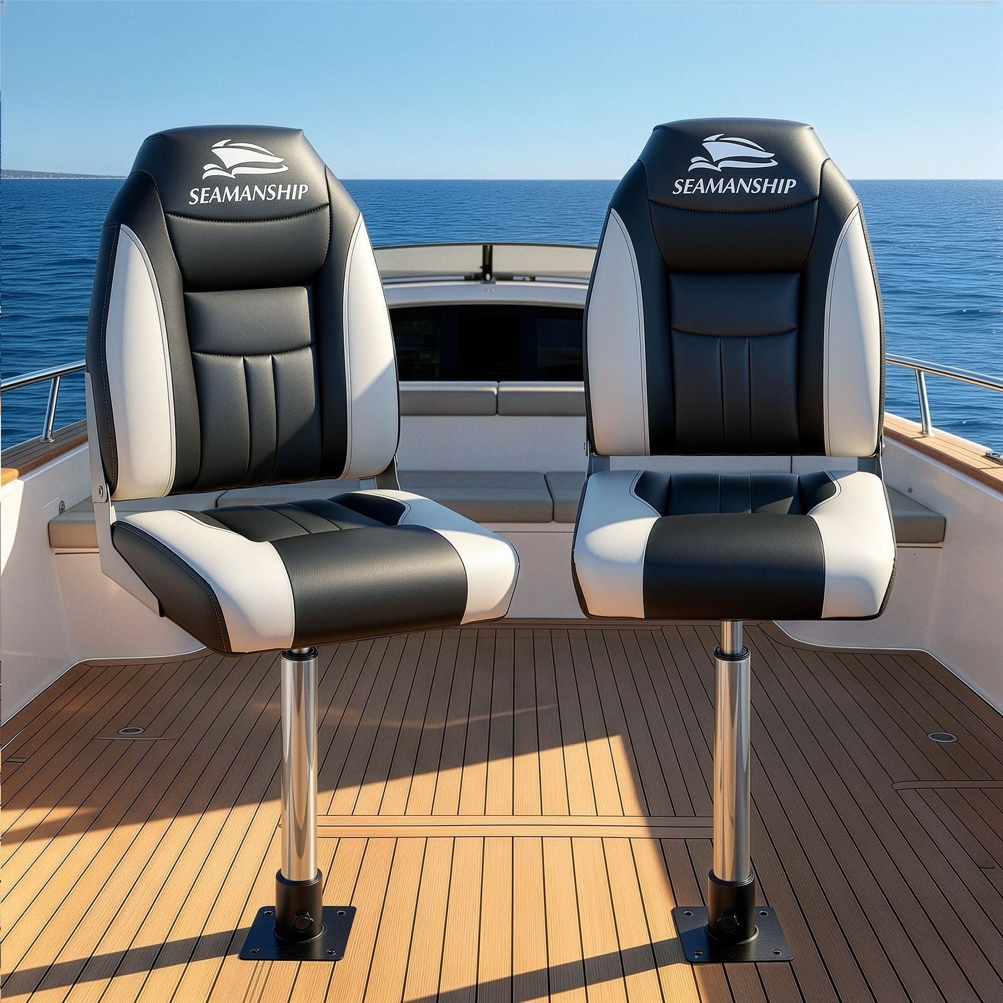 Seamanship 2X Folding Boat Seats with 2X Adjustable Pedestals 55–75cm Marine Seat Swivel High Back 12cm Padding Black