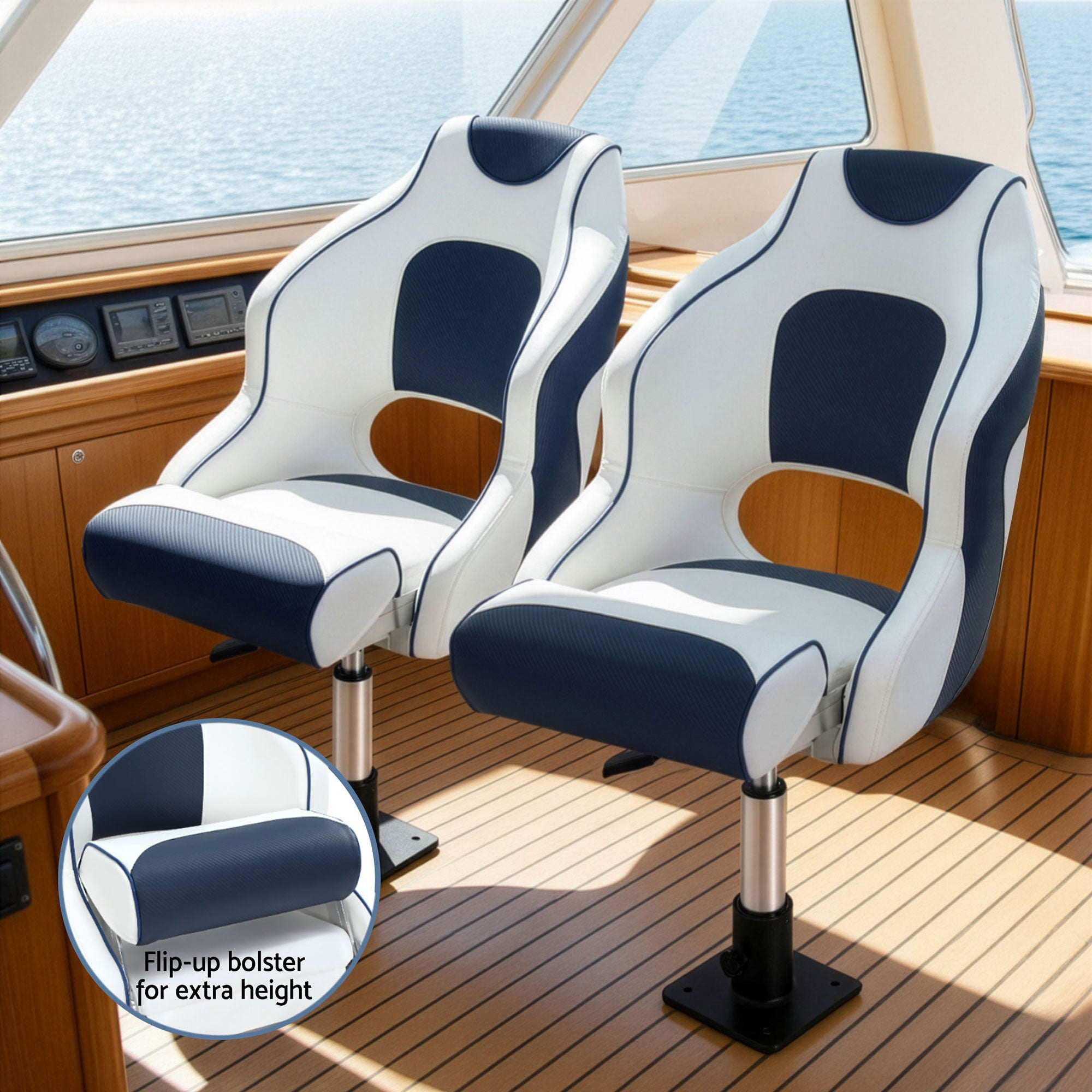 Seamanship Captain Bucket Boat Seats Flip Up Bolster Swivel 15cm Padding with Adjustable Pedestals 34–46cm Blue