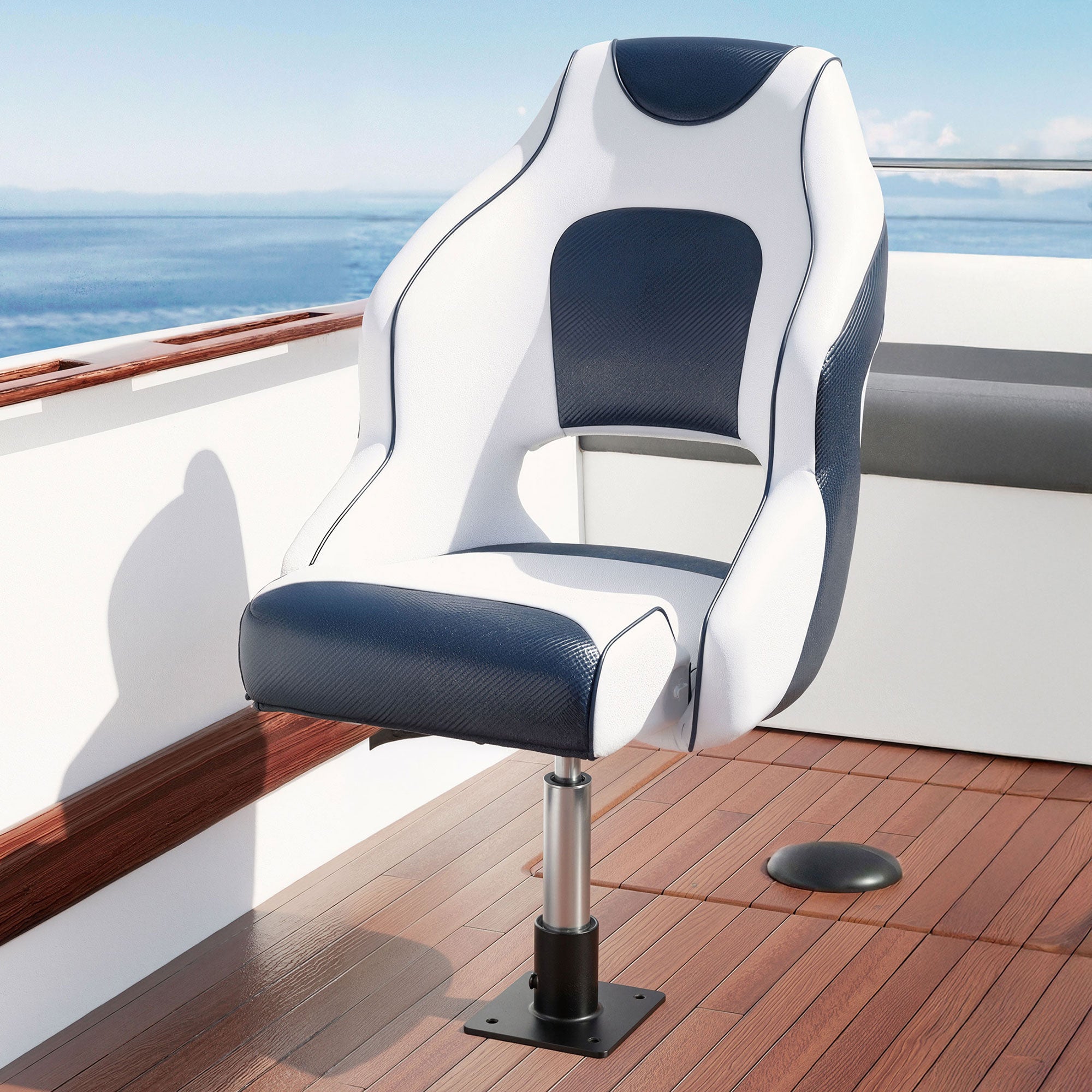 Seamanship Captain Bucket Boat Seats Flip Up Bolster Swivel 15cm Padding with Adjustable Pedestals 34–46cm Blue