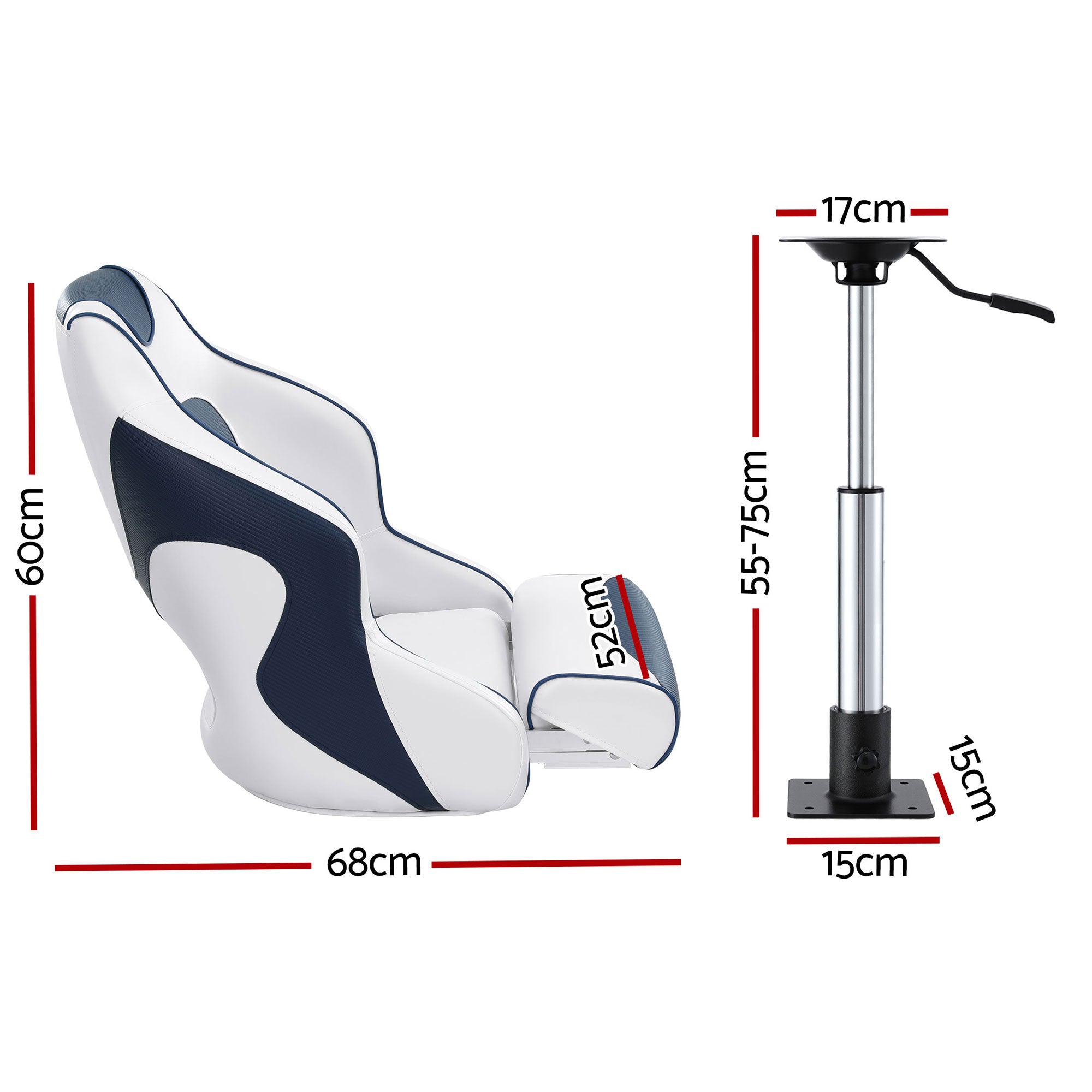 Seamanship Captain Bucket Boat Seats Flip Up Bolster Swivel 15cm Padding with Adjustable Pedestals 55–75cm Blue