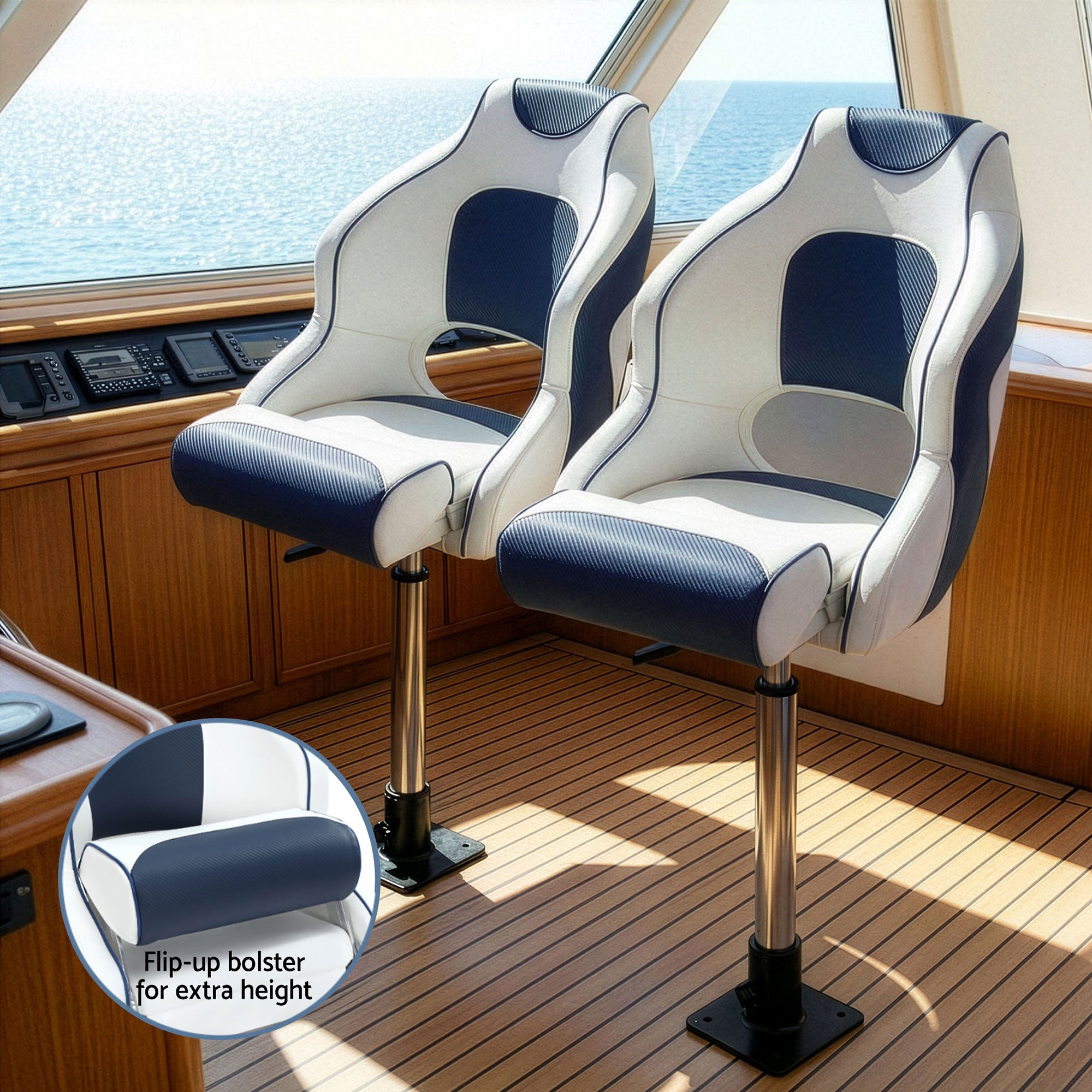 Seamanship Captain Bucket Boat Seats Flip Up Bolster Swivel 15cm Padding with Adjustable Pedestals 55–75cm Blue