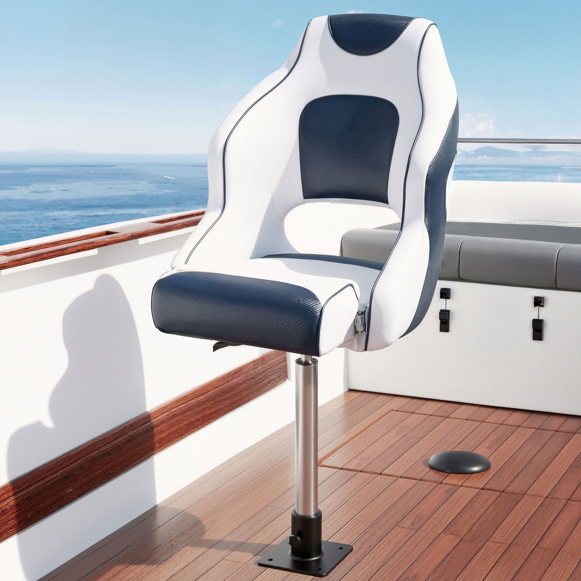 Seamanship Captain Bucket Boat Seats Flip Up Bolster Swivel 15cm Padding with Adjustable Pedestals 55–75cm Blue