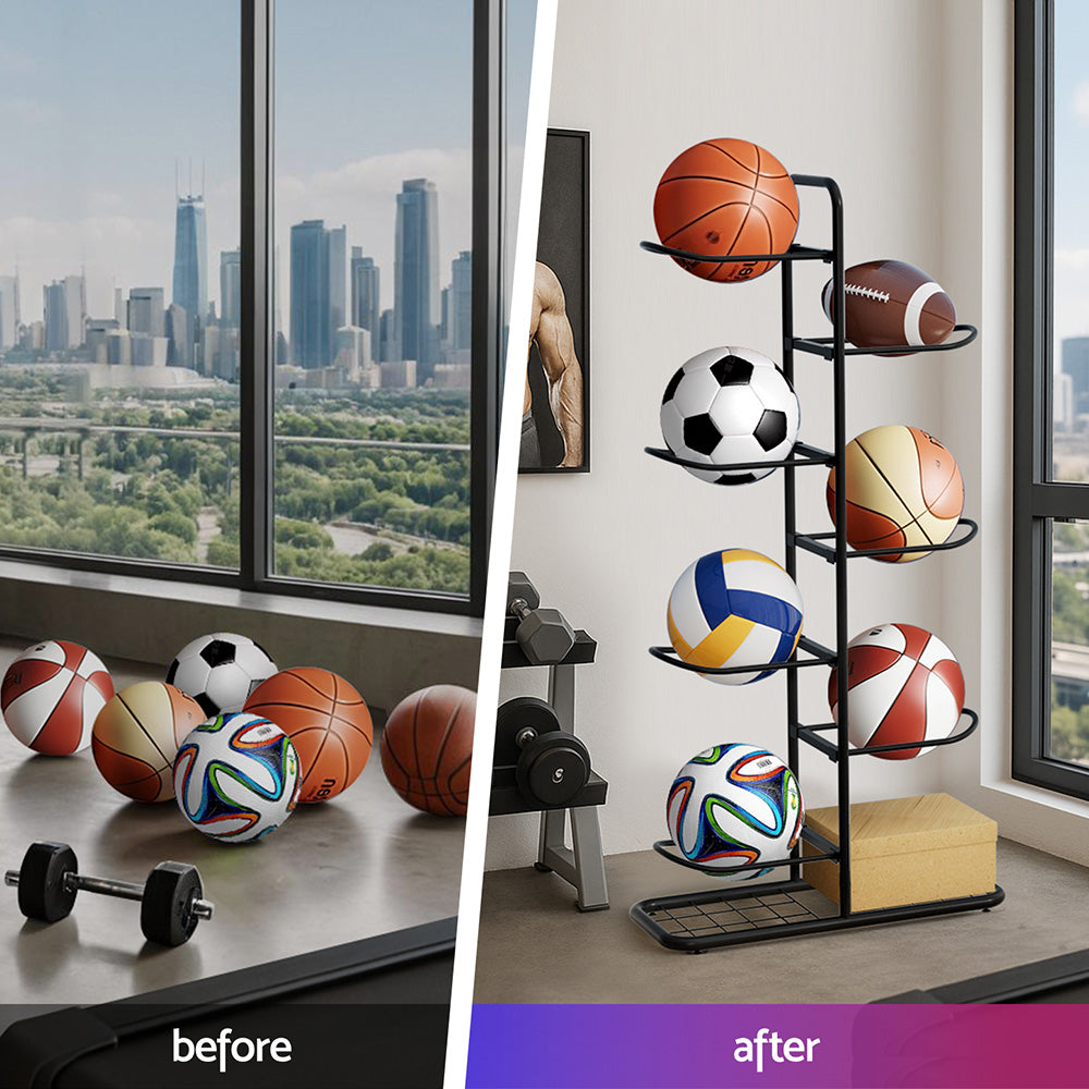 Everfit 7-Tier Ball Storage Rack Sports Equipment Organiser Black