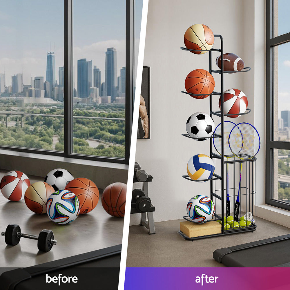 Everfit 7-Tier Ball Storage Rack Sports Equipment Organizer Black