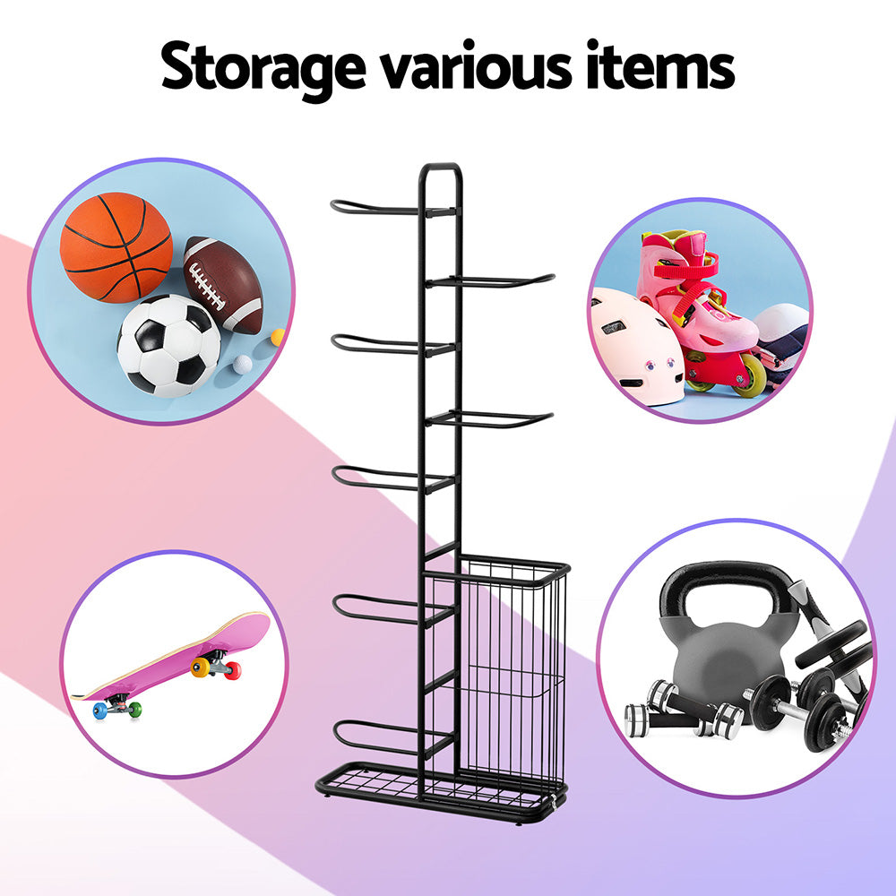Everfit 7-Tier Ball Storage Rack Sports Equipment Organizer Black